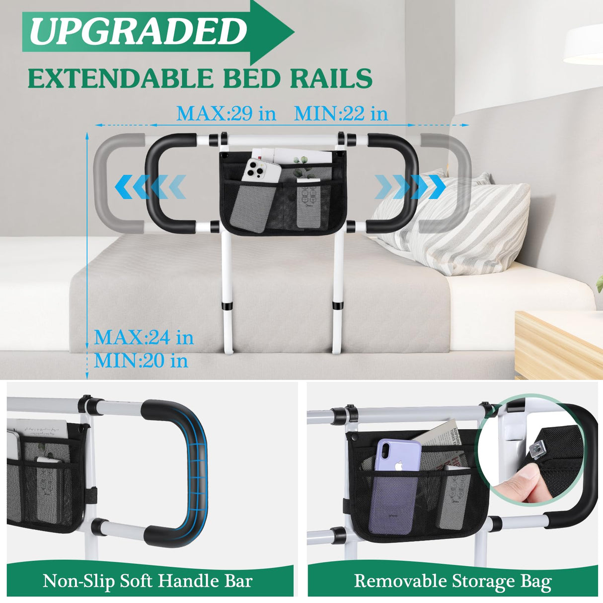 Bed Rails for Elderly Adults Safety - Extended Bed Assist Rail for Seniors - Adjustable Bed Side Rails Handle Support Bar Bed Guard Rail with Storage Bag & Fixing Strap, Fit King Queen Full Twin Bed
