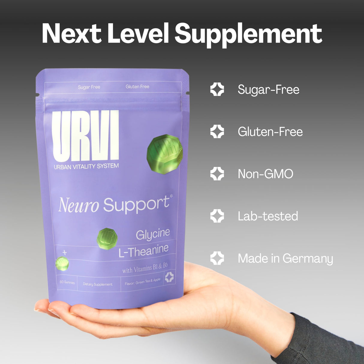 URVI® Neuro Support Supplement Gummies – 500 mg Glycine, 150 mg L-Theanine (high Potency), Vitamins B1 & B6 for Calm Focus, Relaxation, & Sleep – Sugar-Free – Green Tea & Apple – 60 Count