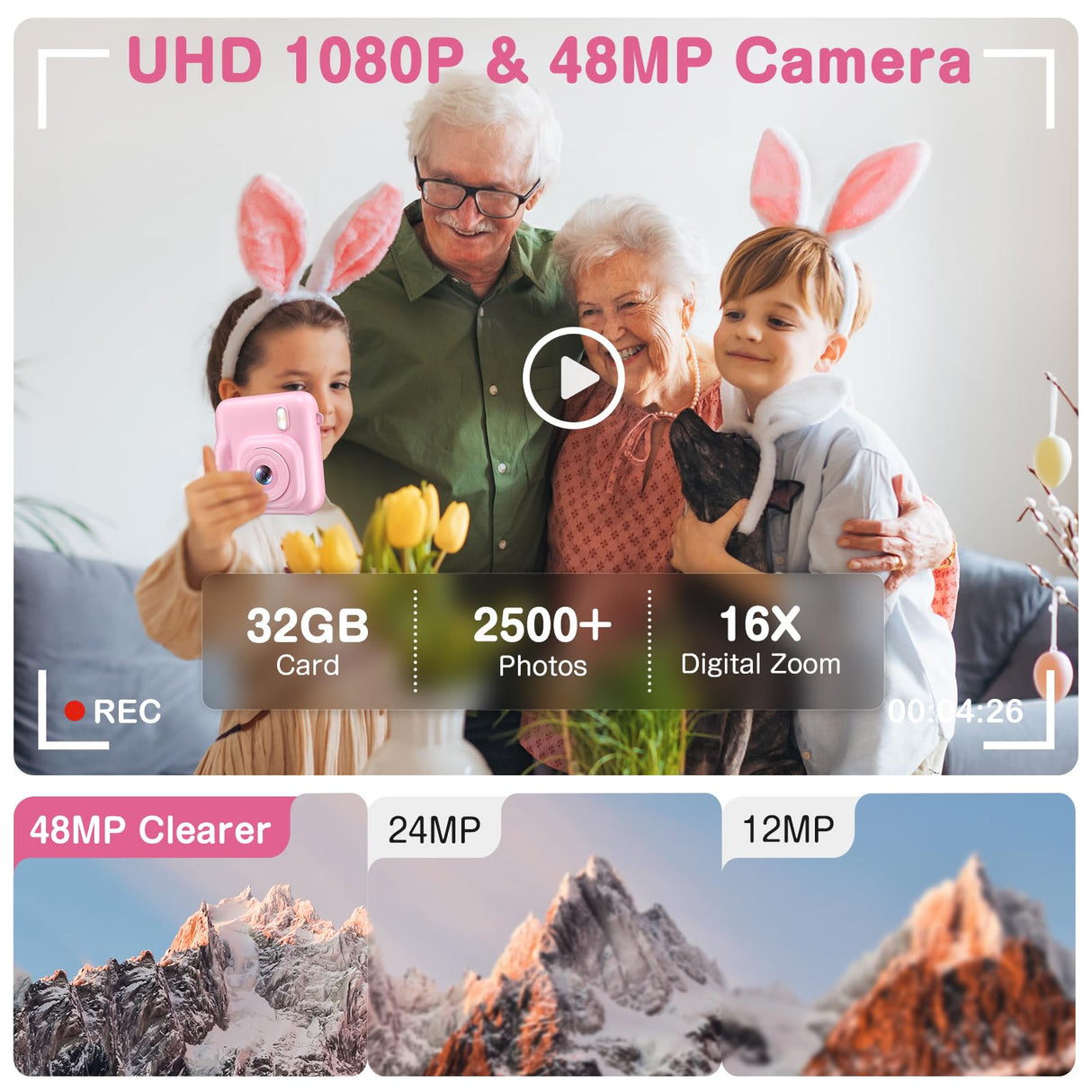 Kids Camera Instant Print, Dual-Lens 48MP Digital Camera for Christmas Birthday Gifts, 1080P Selfie Instant Cameras for Kids with 32GB Card, Instant Print Digital Camera for Girls Boys-Pink