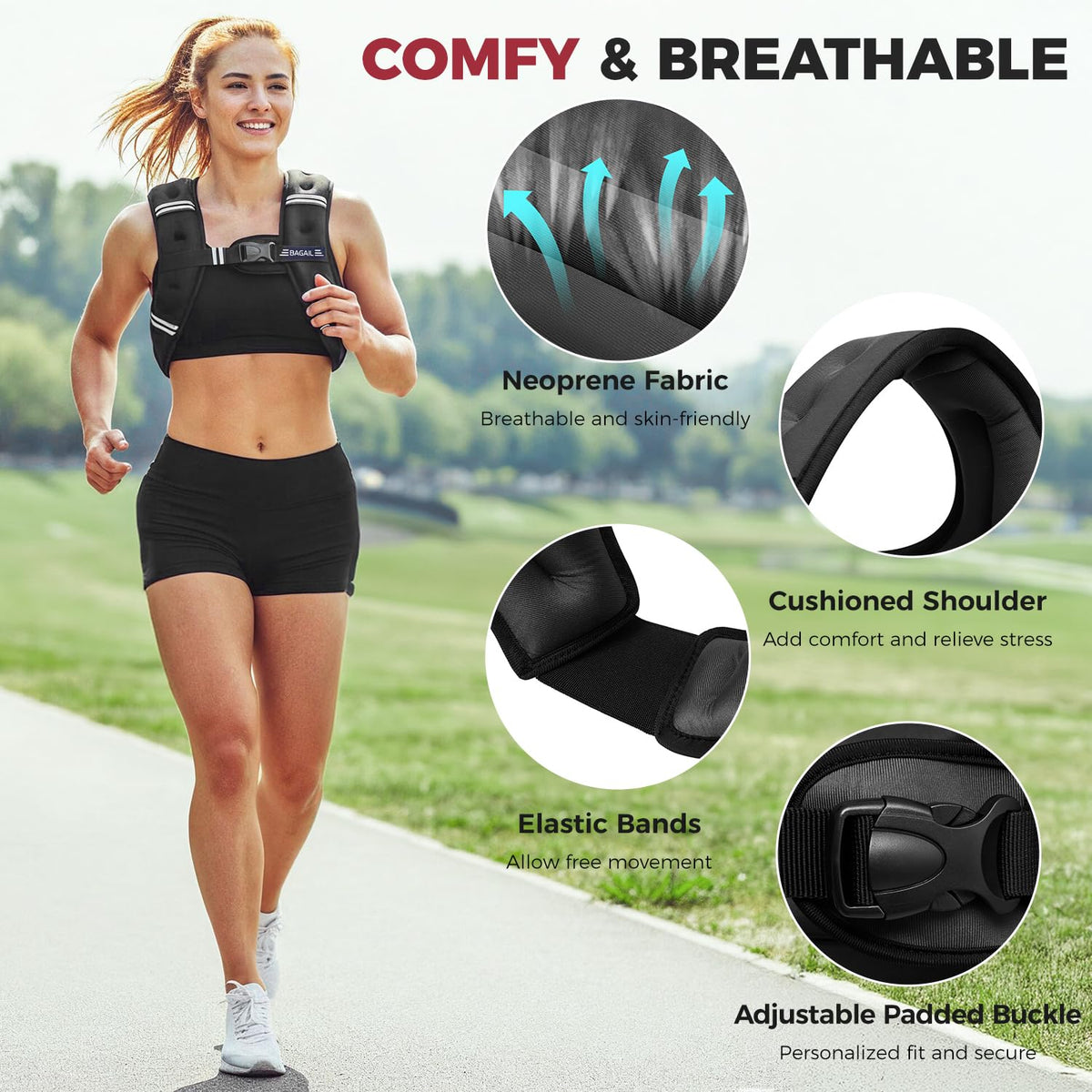 BAGAIL Comfort-Fit Weighted Vest for Woman, Even Weight Distribution, Faster Weight Loss, No-Chafe or Bounce for Walking & Running with Detachable Phone Pouch & Reflective Stripes - 10lb, Black