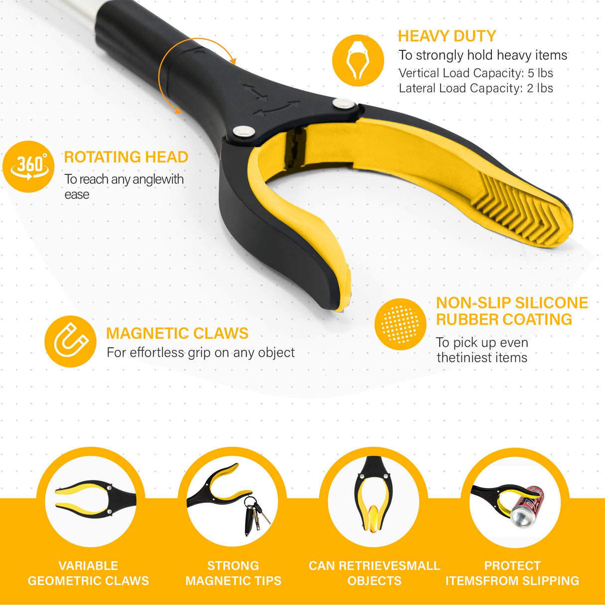 Grabber Reacher Tool - 32” Reacher Grabber Tool with Strong Magnetic and Swivel Head - FDA Registered Heavy Duty Pick Up Stick Grabbers for Seniors, Trash, Surgery Recovery Must Haves Gifts(Yellow)