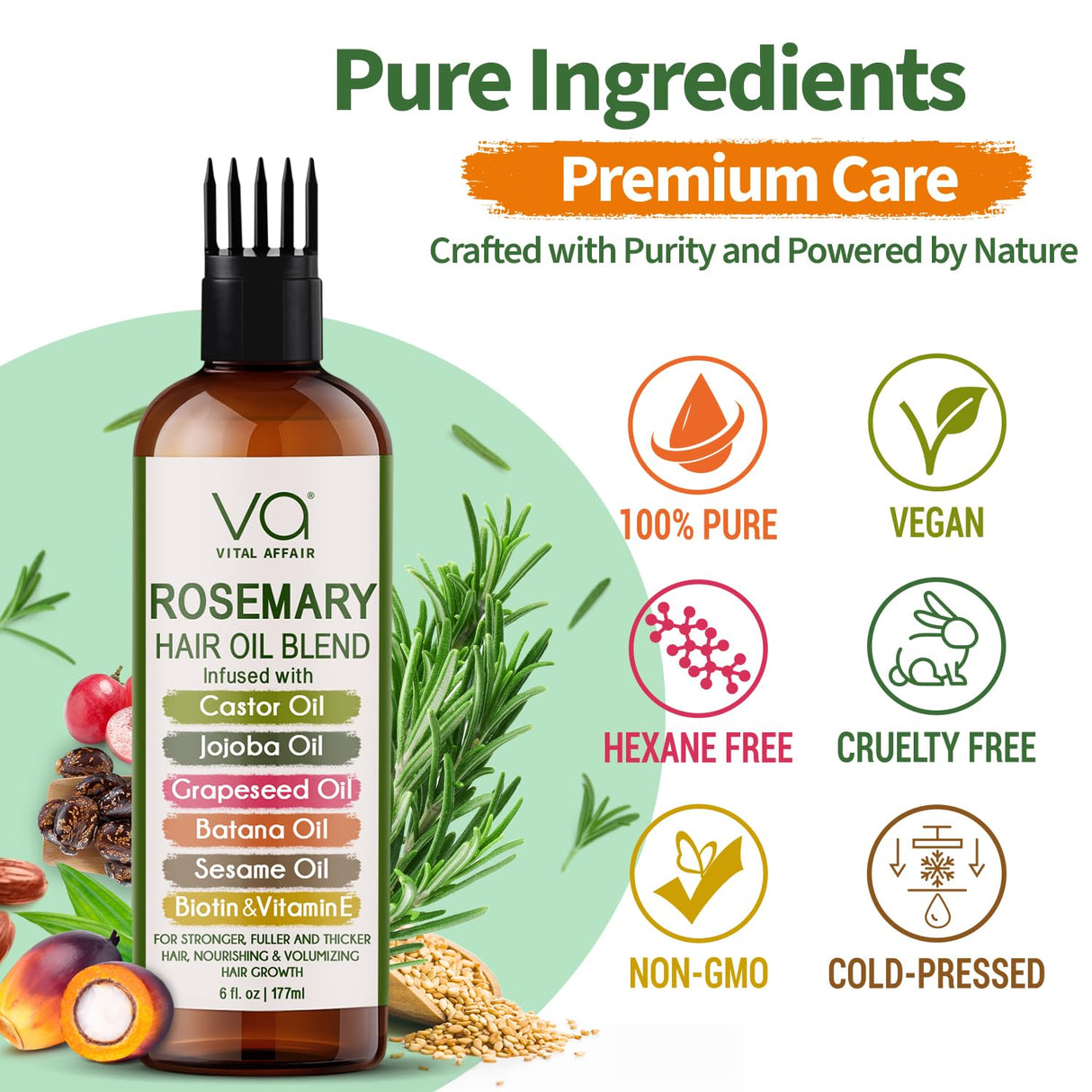 VITAL AFFAIR Blend Of Pure Rosemary Oil With Castor, Batana, Jojoba Oil - Infused With Biotin & Vitamin E-Blend of Effective Hair Oils for Hair Growth-Strengthening Treatment 6 Fl Oz