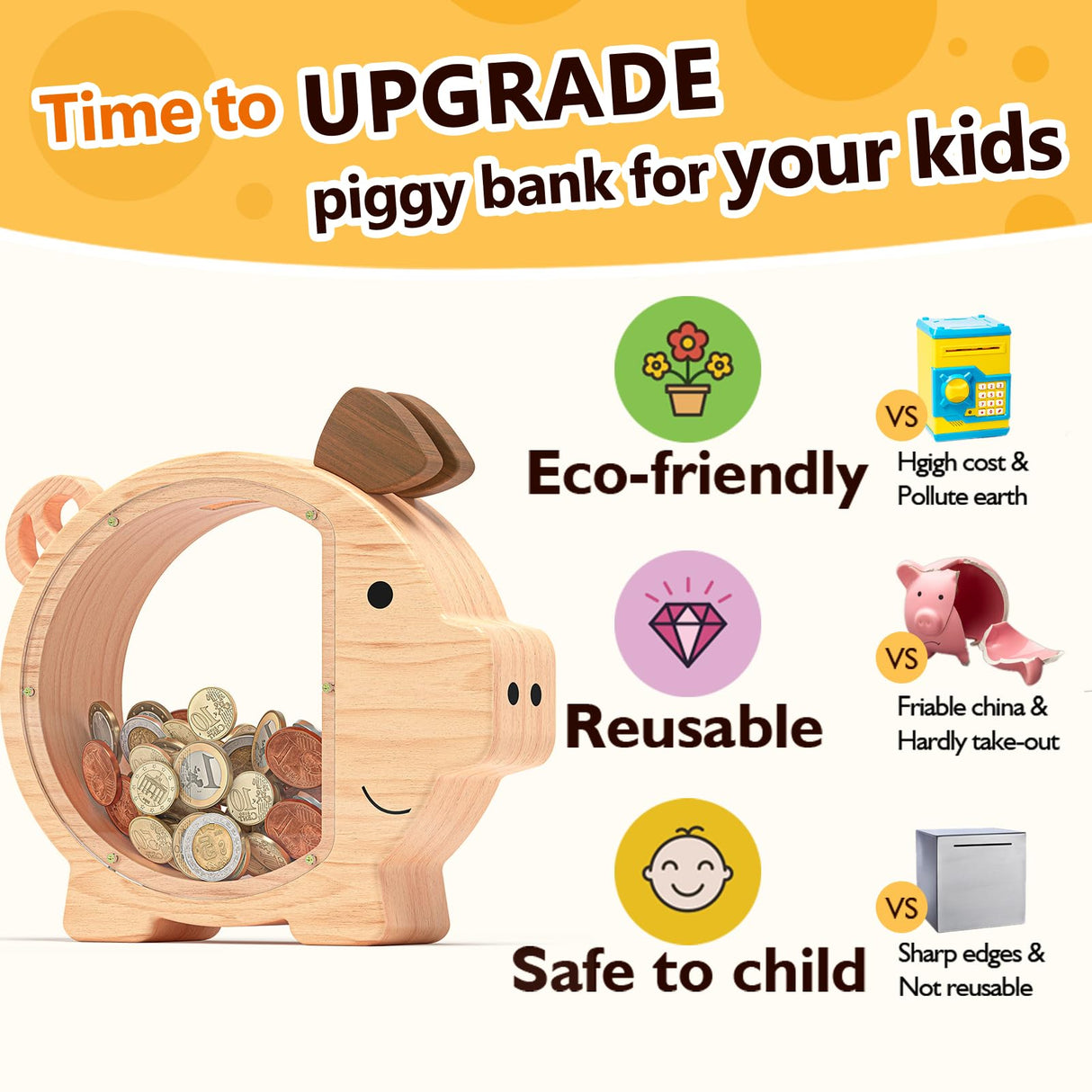 Summidate Wooden Piggy Bank for Kids Large Money Bank for Boys Girls,Cute Unbreakable Wood Money Box, Creative Saving Money Jar Personalized Gifts for Child Birthday Christmas & Decor