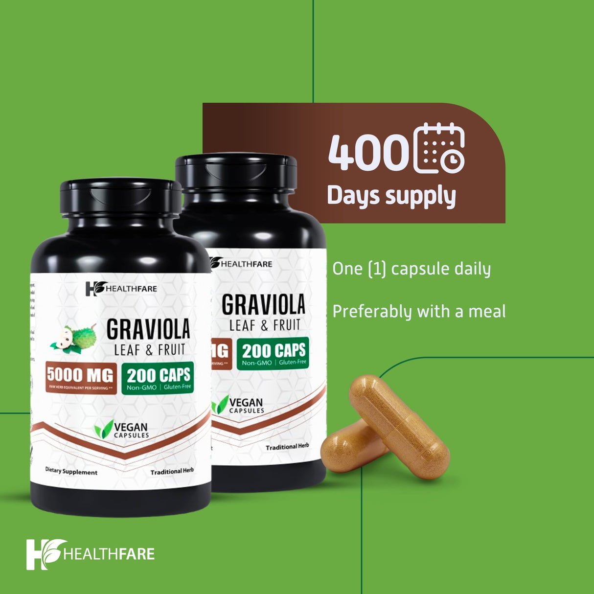 Healthfare Graviola Extract Capsules, 5000mg | Pack of 2 | 200 Veg Capsules Each | High Potency Soursop Leaf & Fruit Extract | Non-GMO | Gluten-Free | Made in The USA