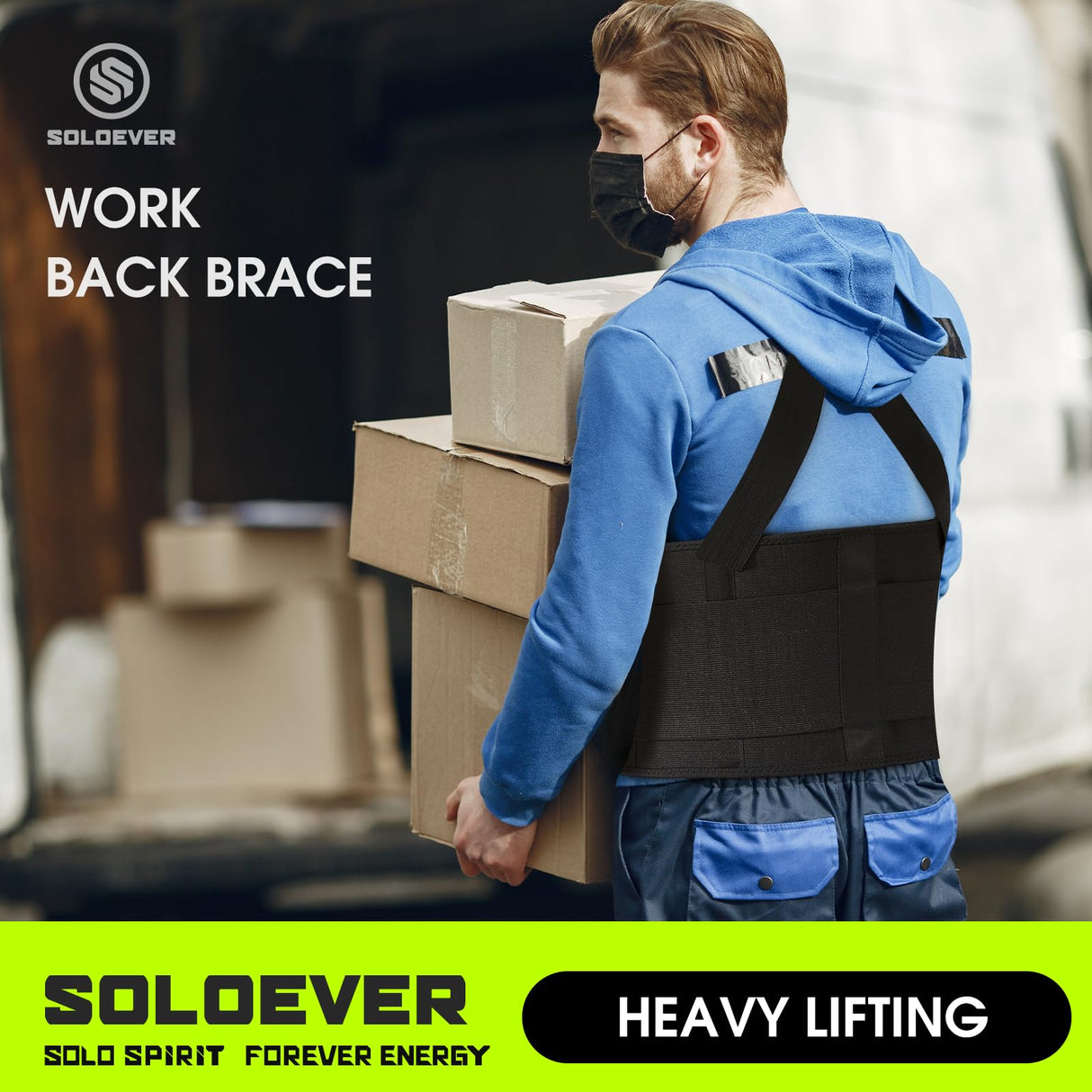 SOLOEVER Work Back Brace for Men & Women, Adjustable Lower Back Support Belt with Suspenders for Back Pain Relief, Moving Construction Warehouse Heavy Lifting Safety & Protection (Black, Medium)