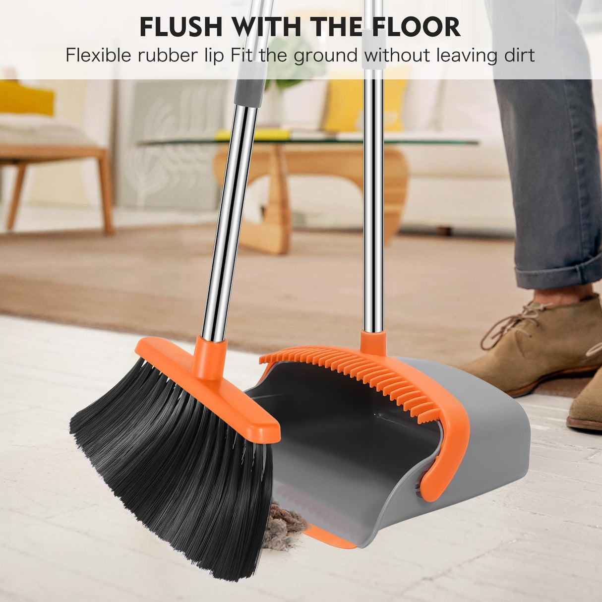 NACENA Broom and Dustpan Set, 55-in Long Adjustable Handle Broom Dustpan Combo with Dustpan Teeth to Automatically Clean Hair Suitable for Home Kitchen Office Hall Floor, Large(Grey&Orange)