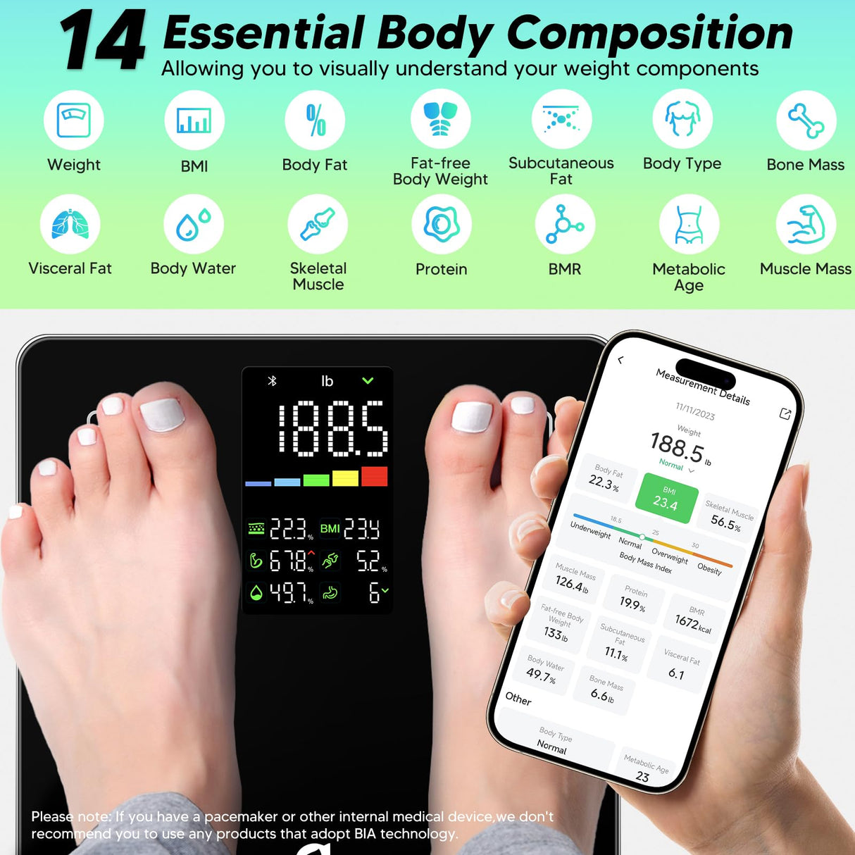 Arboleaf Smart Scale with BMI, Body Fat, Muscle Mass, Digital Bathroom Scale for Body Weight, 14 Body Composition Metrics, Large LED Display, Accurate Weighing Machine, App Sync, 400lbs, 11"