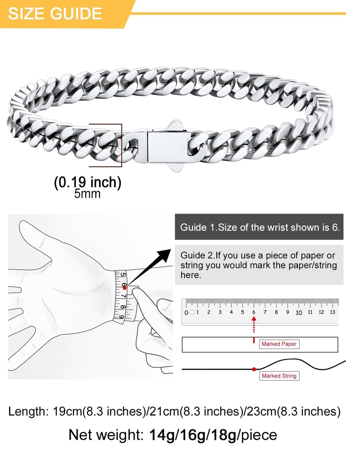 Stainless Steel Cuban Chain Bracelets for Men 5MM Silver Bracelet 7.5 Inch