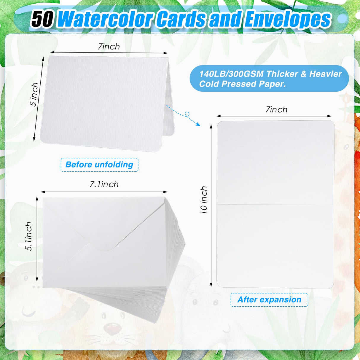 Sabary 100 Pcs Blank Watercolor Cards with Envelopes Set 140lb/300 Gsm Cotton Heavyweight Foldable Greeting Paper Card for Christmas Painting Invitation Note Birthday Wedding(White,5 x 7 Inch)