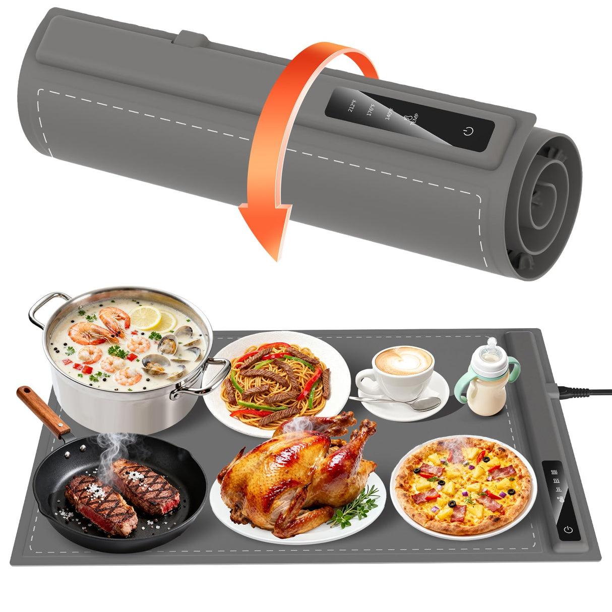 Food Warming Mat - Fast & Full Surface Heating, Silicone Heat Pad with 3 Adjustable Temperature for Buffets Parties, Rollable Electric Warming Tray,Kitchen Heated Plate,Countertop Food Warmer (Gray)