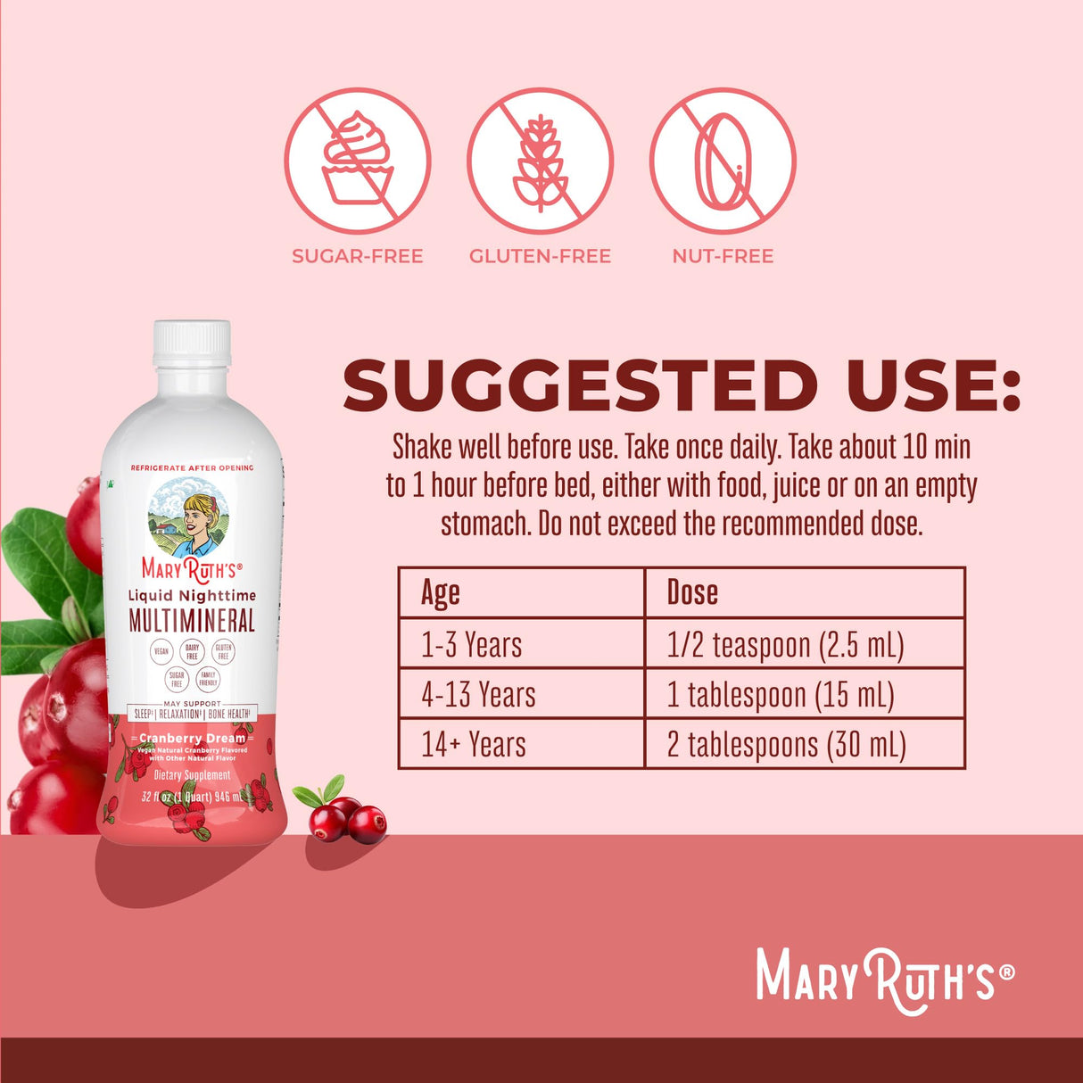 MaryRuth Organics Liquid Nighttime Multimineral | No Melatonin | Bedtime Routine | Magnesium Citrate | Calcium | Zinc | Vitamin D3| Available in 4 Flavors | Vegan | Sugar Free | Gluten Free | 32 Oz