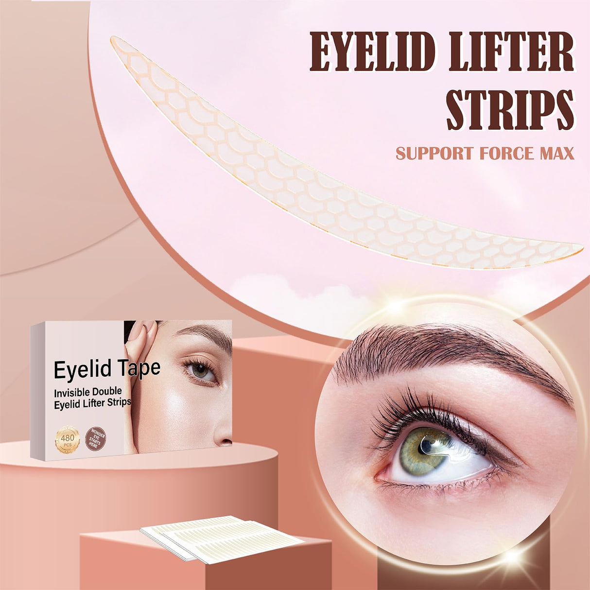 480Count Eyelid Tape, Eyelid Lifter Strips, Eyelid Tape for Hooded Eyes Invisible, Instant Surgery-Free Eye Lift for Uneven or Single Eyelids, Say Goodbye to the Hood, Sagging Eyelids