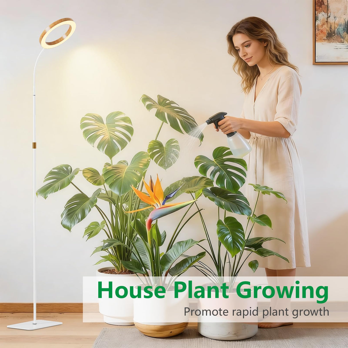 LPMZMBL One Head Grow Light for Indoor Plants Full Spectrum - Floor Standing Plant Lamp with Auto Timer 6/12/18H, 5-Level Dimmable & Adjustable Height 16.5-68in for Large Tall Plants |Faux Wood Design