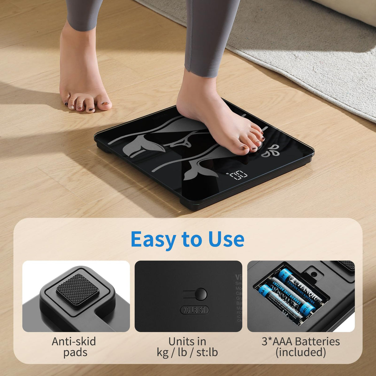 Vitafit Amazing 600lb Smart Bathroom Scale for Body Weight in 0.1lb, High Accuracy Assured by Scale Professional Factory Since 2001, Large Platform with 8mm Non-Slip Tempered Glass, LED, 3*AAA, Black