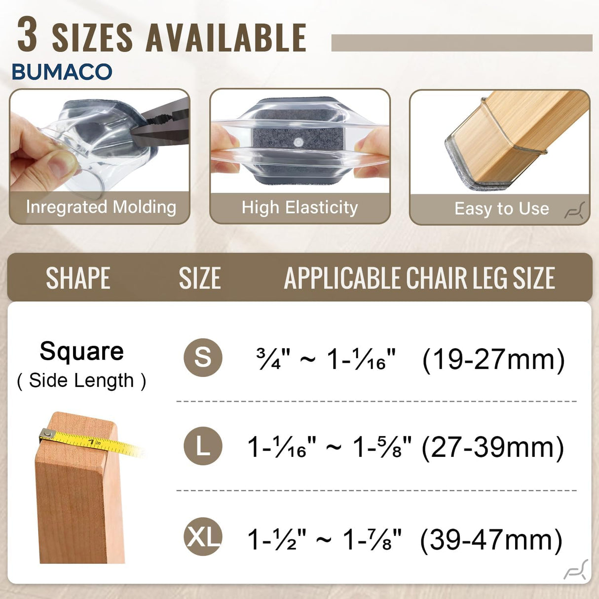 BUMACO Chair Leg Floor Protectors Square Chair Leg Protectors for Hardwood Floors Silicone Pads Covers to Protect Floors Clear-40 Pcs Square S Fit (3/4" ~ 1-1/16"