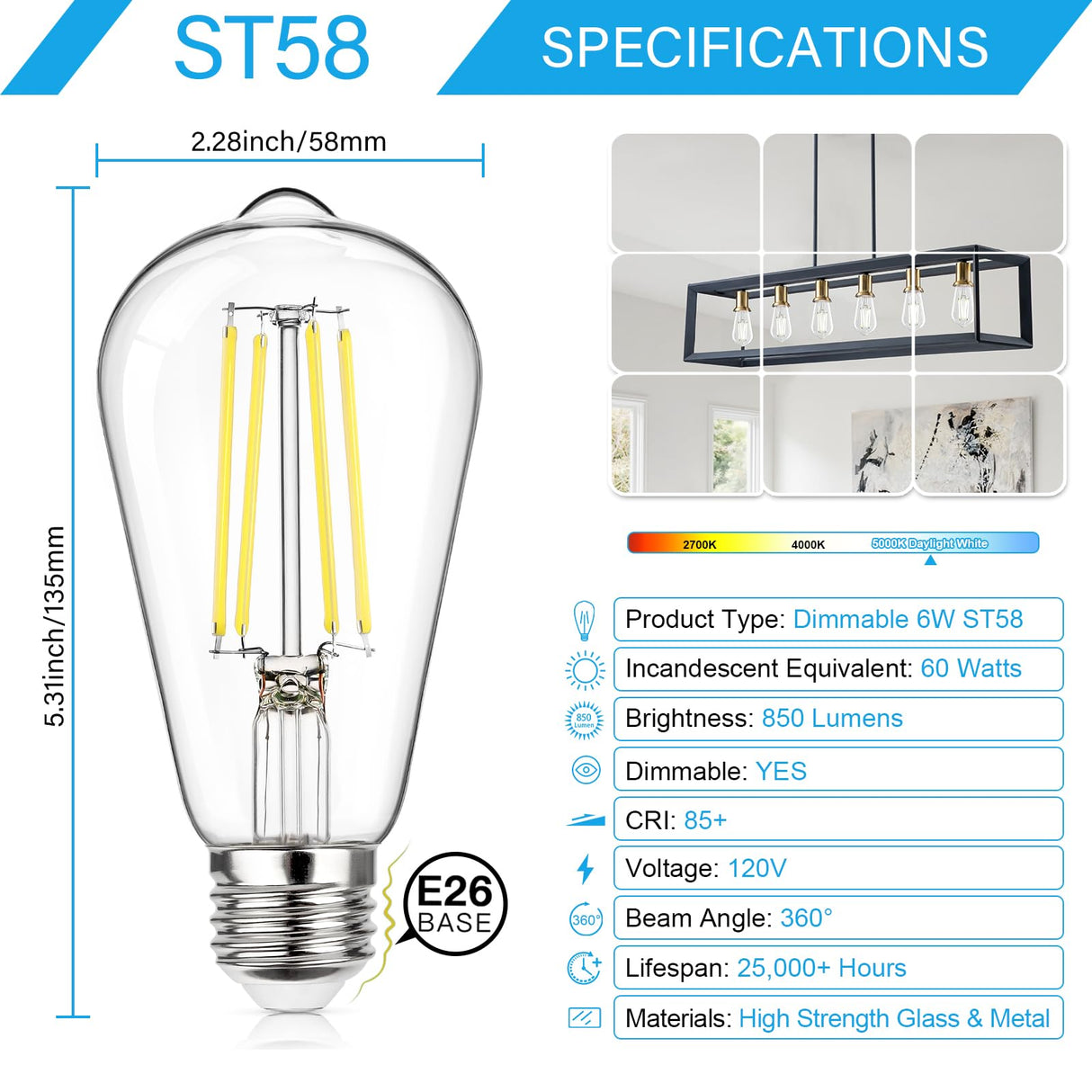 MAXvolador 12-Pack Dimmable Vintage LED Edison Bulb 60W Equivalent, 6W 850Lumens Edison Light Bulbs 5000K, ST58 Antique LED Filament Bulb, E26 Base