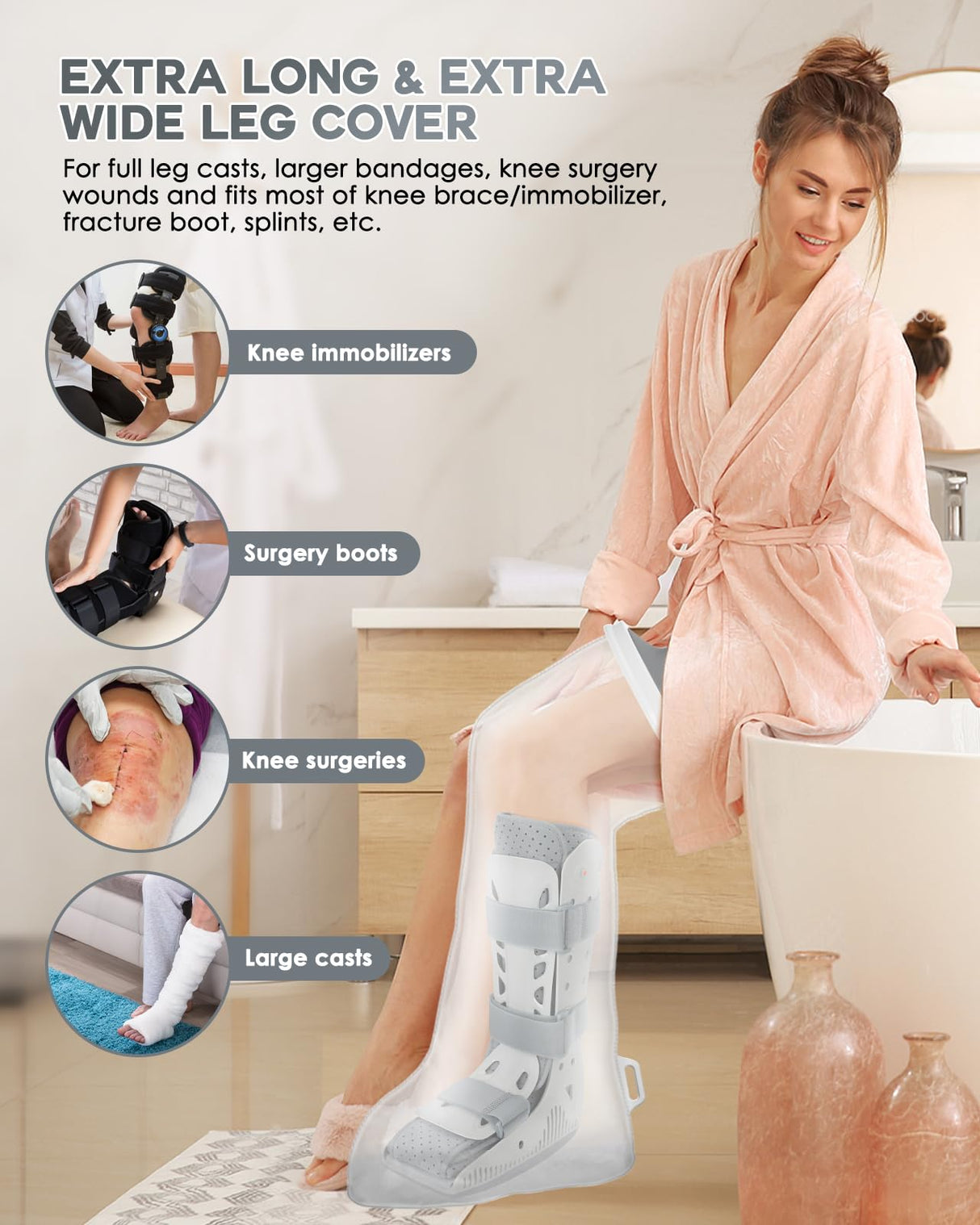 Waterproof Extra Wide Full Leg Cast Cover for Shower after Knee Surgery with Upgrade Non-Slip Bottom, Watertight Leg Cast Protector for Knee Immobilizer/Brace, Bandage Wounds, Walking Boots, Reusable