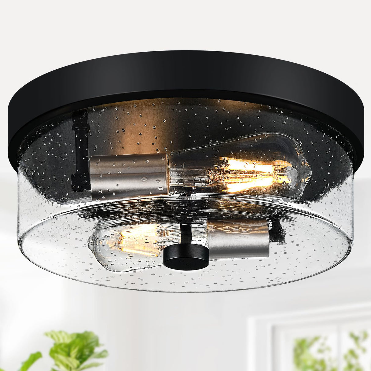 Flush Mount Ceiling Light Fixtures, 2-Light Black and Silver Ceiling Mount for Farmhouse with Seeded Glass Lampshade, Industrial Flush Mount Light Fixture for Hallway, Kitchen, Entryway and Foyer