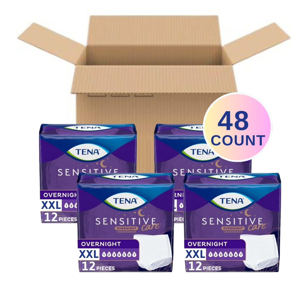 TENA Sensitive Care Overnight Incontinence Underwear for Women, Bladder Control and Postpartum, XXL, 48 Count (Waist size 47in-66in)