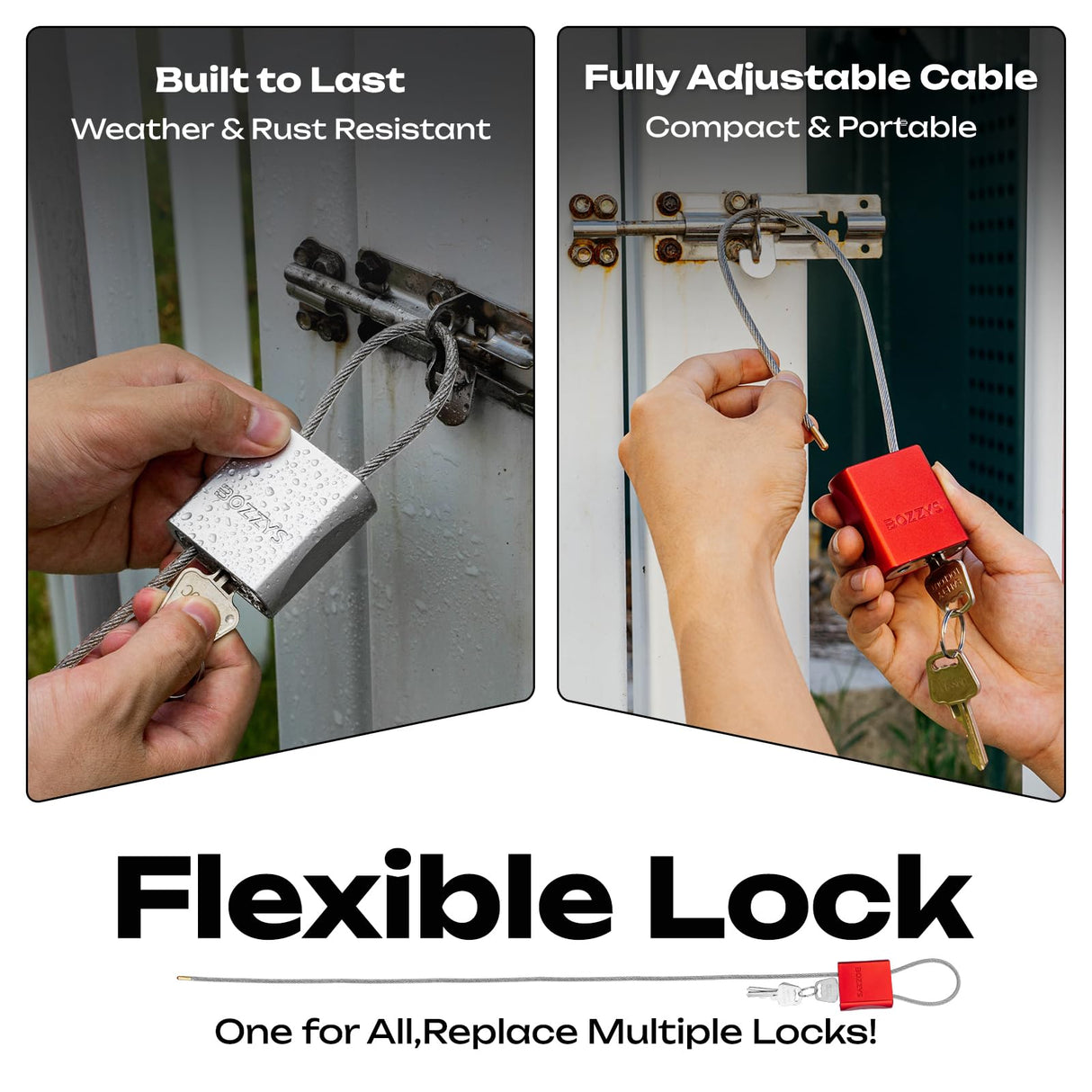 BOZZYS Cable Lock with 3 Keys | L 3.28ft(1m),D 1/6in(4mm) Adjustable Steel Cable Padlock | Aluminum Locks for Bikes, Gate, Lockers & Outdoor Gear | Weatherproof& Silver