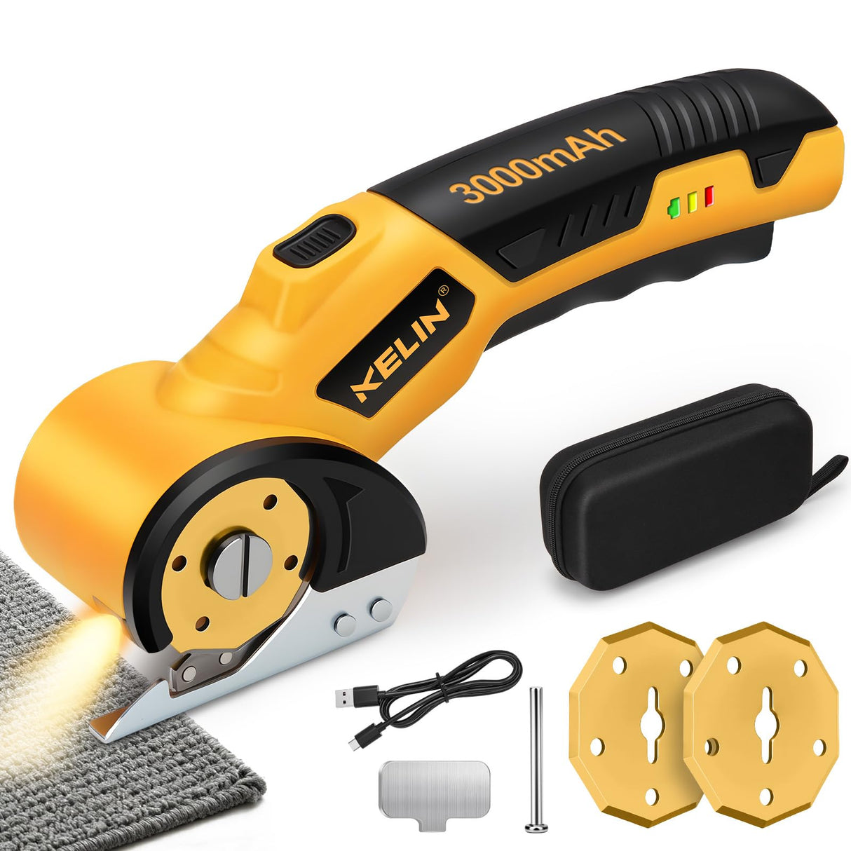 2026 New 3000mAh Cardboard Box Cutter with 2 Titanium Blades, Cordless Electric Scissors with Safety Lock & LED Light, Storage Box, 300RPM, 4V, Cutter for Fabric Carpet Carton Plastic Leather Cloth