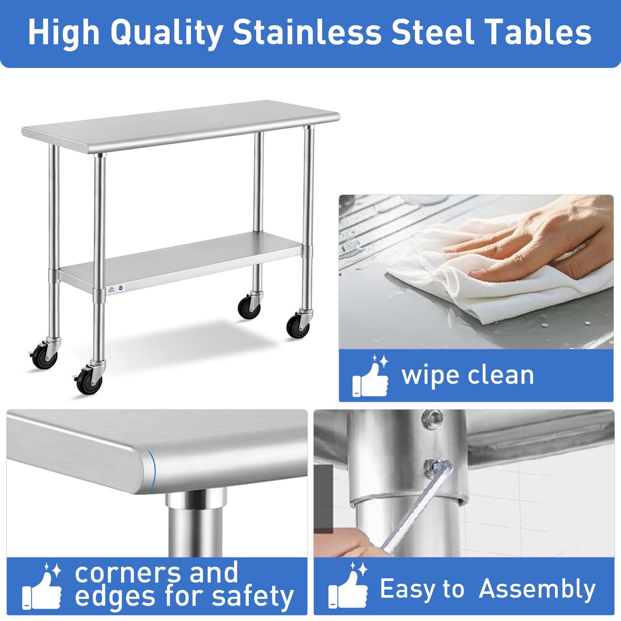 ROCKPOINT Stainless Steel Table for Prep & Work with Caster Wheels 24x48 Inches, NSF Metal Commercial Kitchen Heavy Duty Table with Adjustable Under Shelf and Table Foot for Restaurant, Home and Hotel