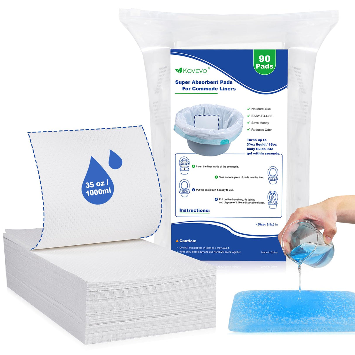 90 Pcs Commode Absorbent Pads for Bedside Toilet Chair Bucket, Commode Liners Pads, Disposable Bedside Commode Pads with Absorbent Gel, Portable Toilet Pads for Medical Care