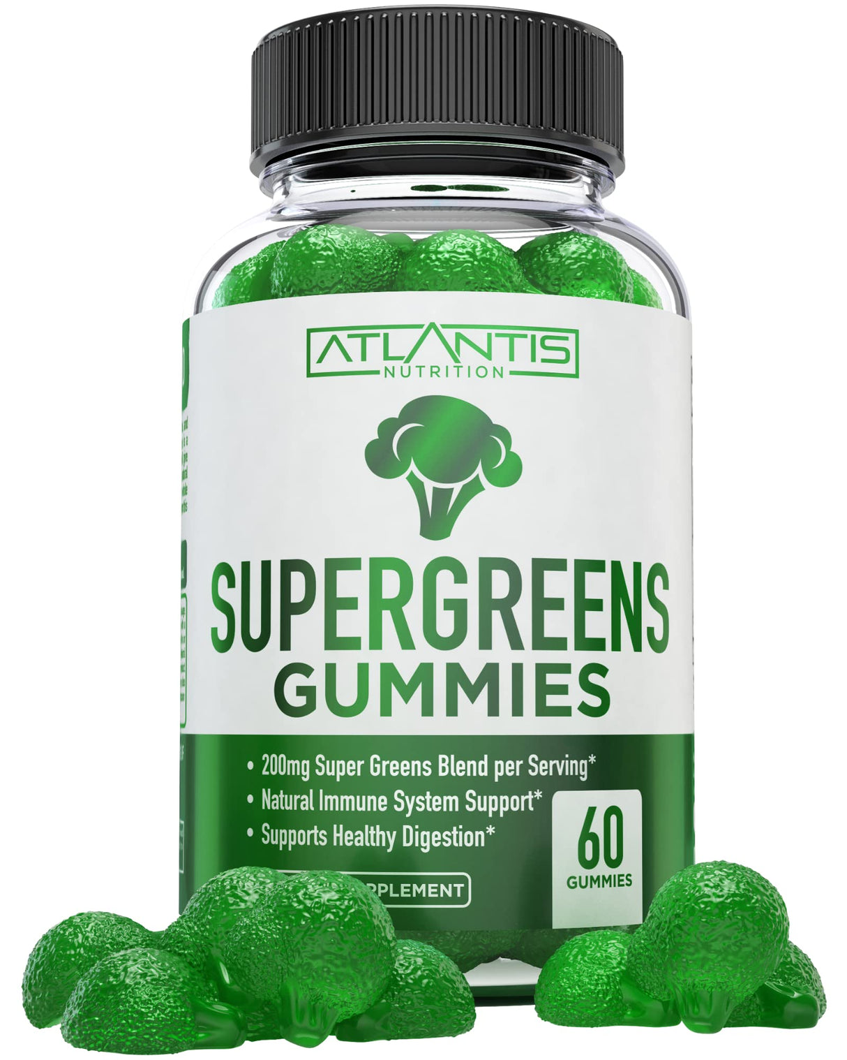 Atlantis Nutrition Supergreens Gummies - Daily Green Superfoods Supplement with Spinach, Broccoli, Moringa, Beet Root, Celery, Green Tea, & Acai for Immunity Support - Natural Raspberry Flavor, 60 cnt