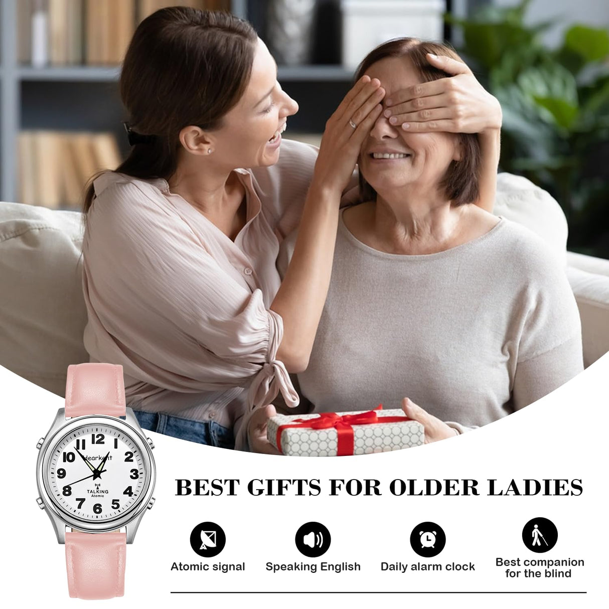 Hearkent Talking Watch for Women-Senior or Visually Impaired Watches American-Style English Voice Timekeeping Watch-Ideal Gifts for Mother or Sisters.(Pink)