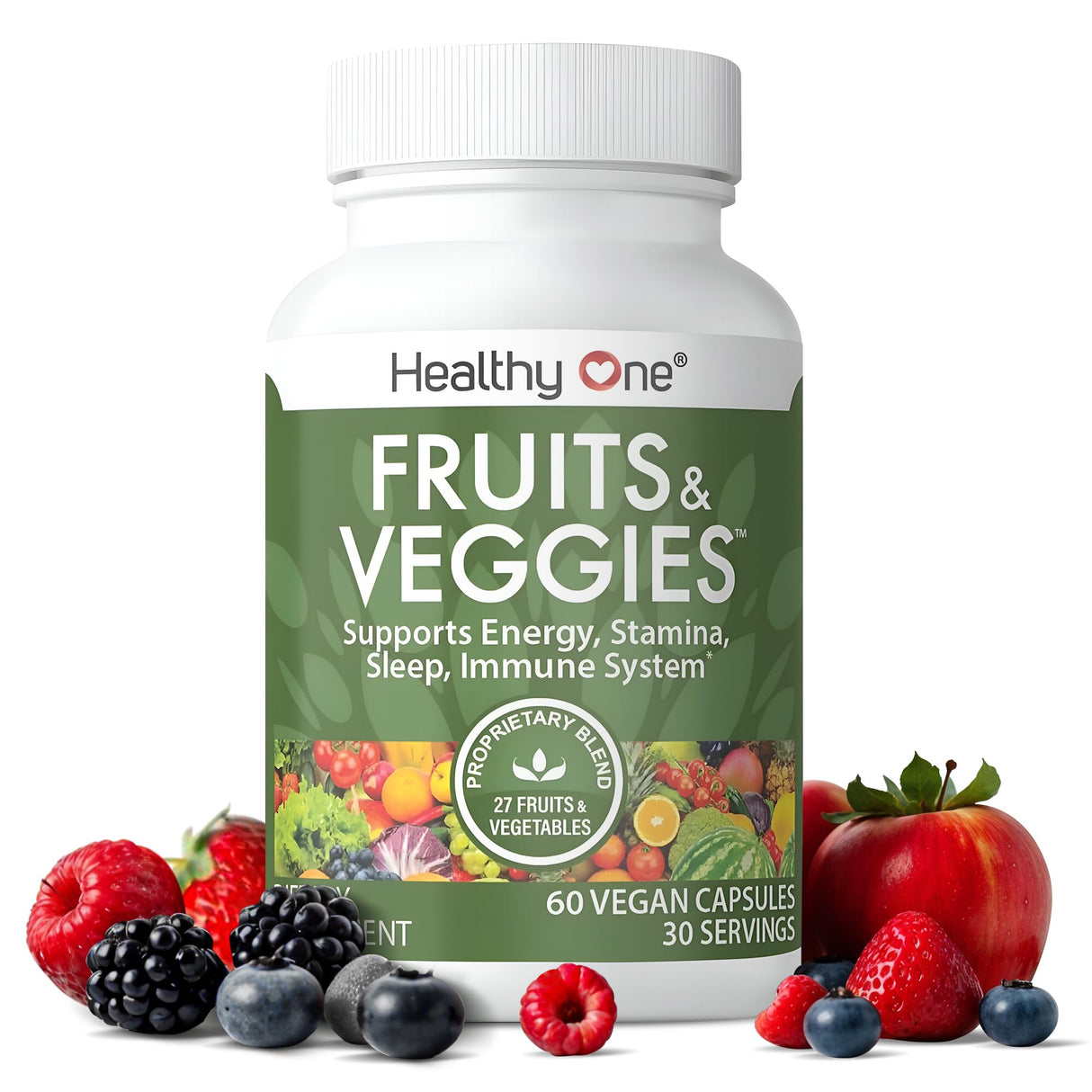 Healthy One Fruits & Veggies - 27 Balanced Whole Foods of Nature - Vitamins - Minerals - Antioxidants - Detox - Vegetables - Kale - Broccoli - Spinach - Beets - Raspberries - Multivitamin - 60 Count