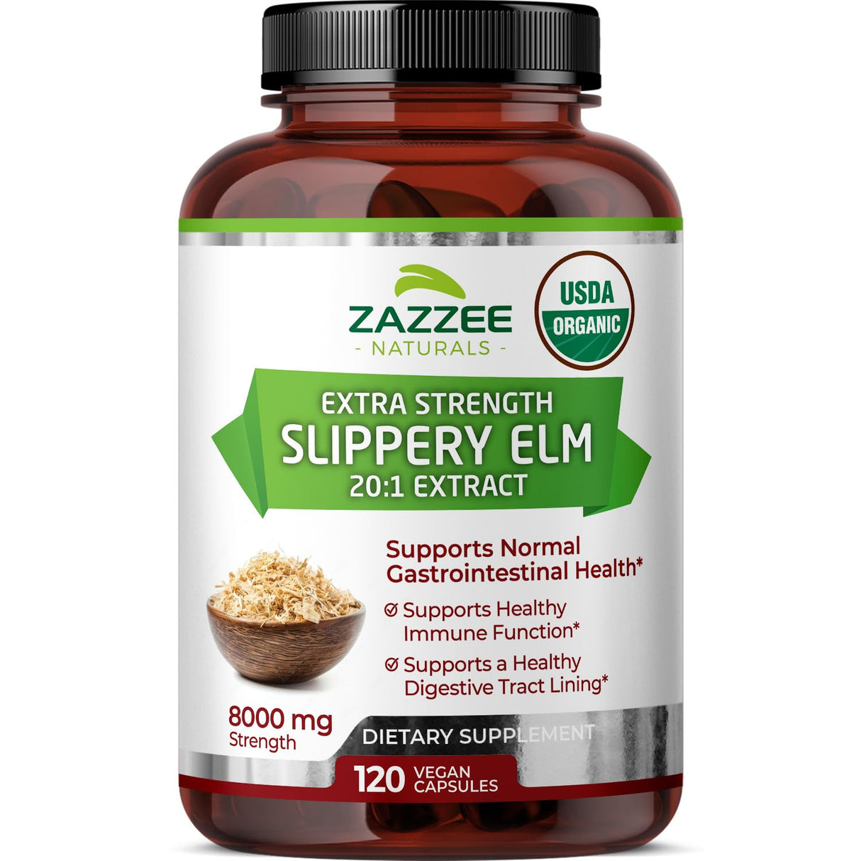 Zazzee USDA Organic Slippery Elm Bark 20:1 Extract, 8000 mg Strength, 120 Vegan Capsules, 4 Month Supply, Standardized, Concentrated 20X Extract, 100% Vegetarian, All-Natural, Non-GMO, Made in the USA