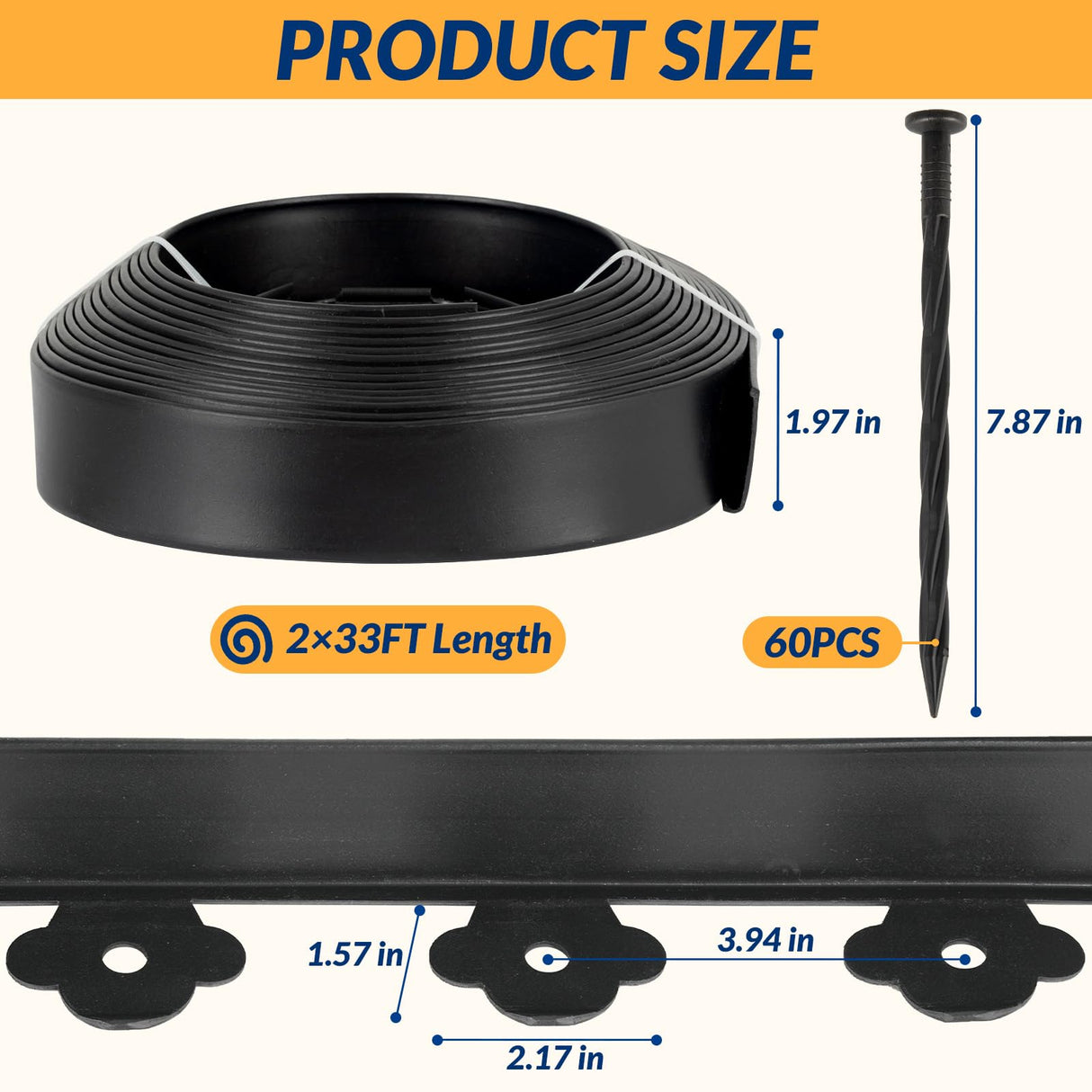 Velway No Dig Landscape Edging Kit 66FT with 100 Spikes Heavy Duty Black