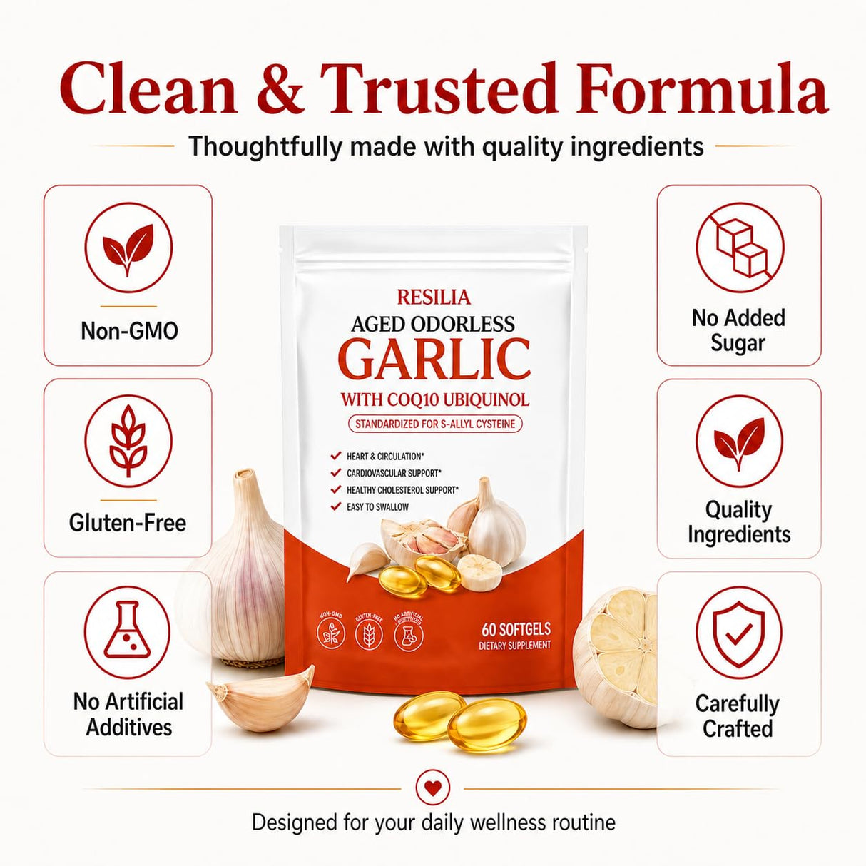 Resilia Aged Garlic Extract 600mg Softgels (60 Count), Daily Wellness Support Softgels for Adults