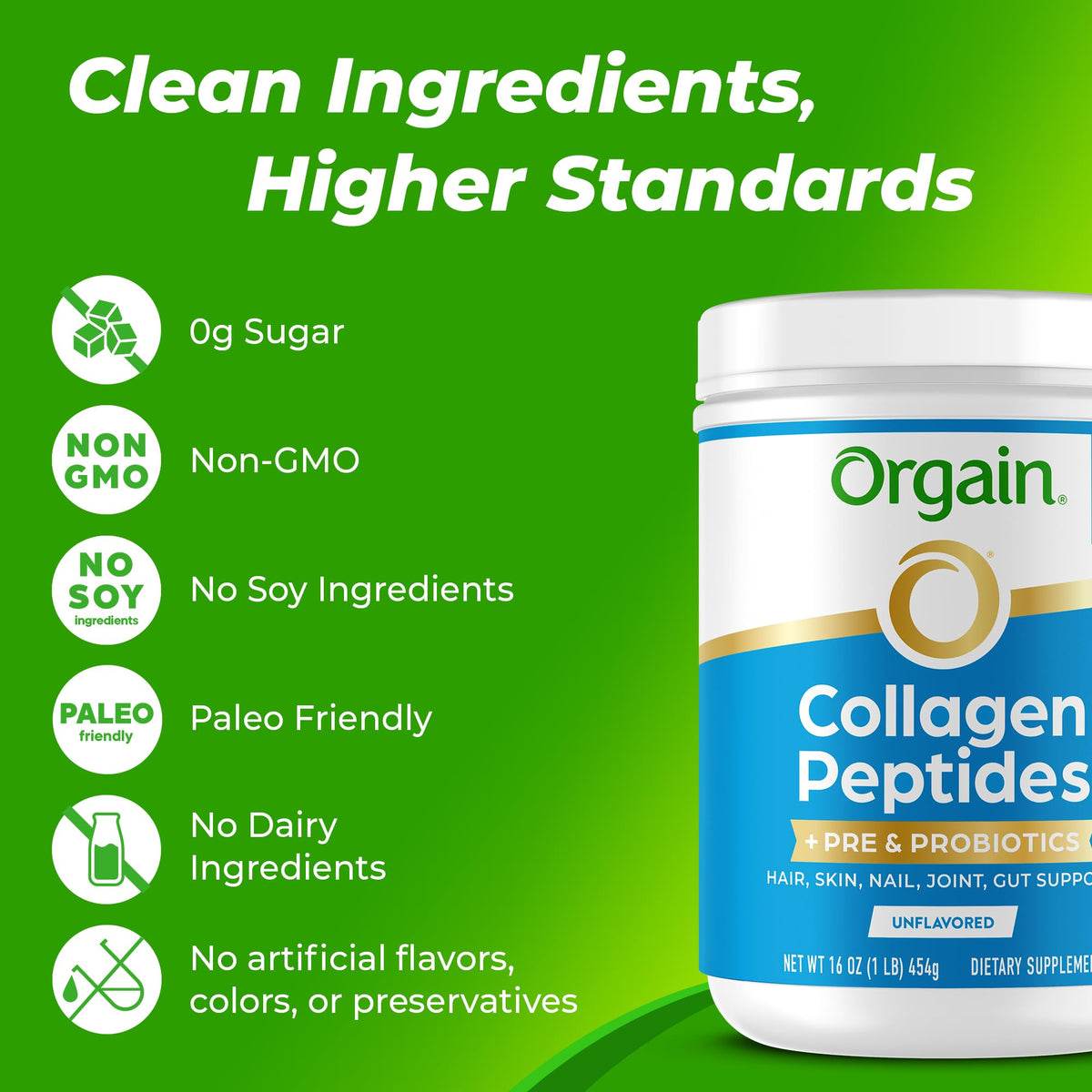 Orgain 20g Collagen Peptides + Prebiotic & Probiotics Powder, 1lb