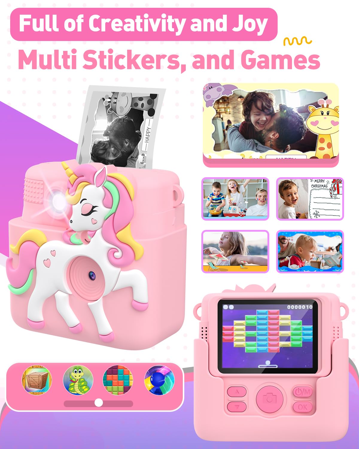 Kids Camera Instant Print with Silicone Cover, Creative Gifts for Girls Age 4-12 Birthday Christmas, 1080P Digital Camera Toy with 32GB SD Card - Pink