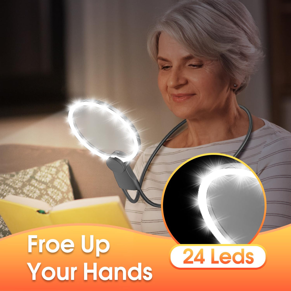 IMICHI Magnifier with Light Hands Free for Reading, 5.1 Inch 6X Magnifying Glass for Reading, Neck-Worn Large Magnifier for Seniors, Useful Gifts Perfect for Reading, Sewing, Cross-Stitching