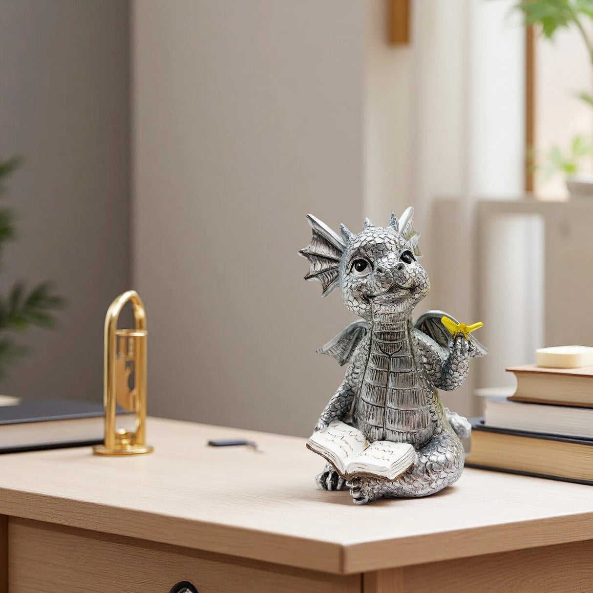 JARPSIRY Cute Dragon Reading Book Statue, 5.9-Inch Tall Dinosaur Holding Butterfly Figurines Art Resin Sculpture Outdoor Garden Decor Home Desk Ornaments