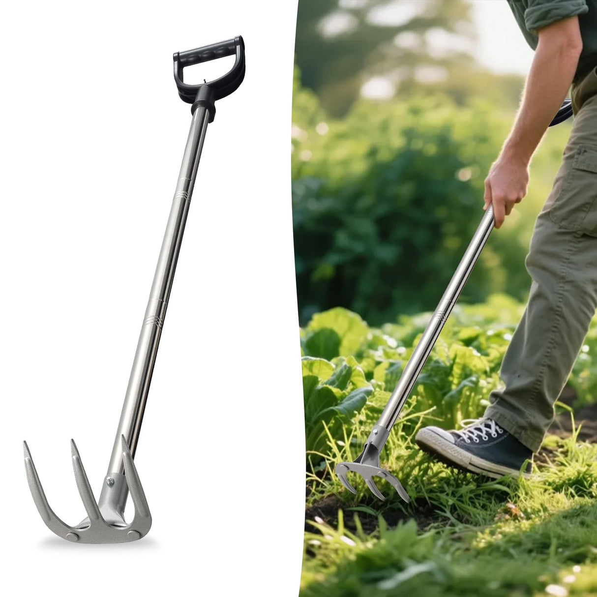 COCONUT 50” Long Handle Weeding and Cultivating Rake, 3-Tine Garden Rake for Stand Up Gardening, No Bending or Kneeling to Loosen Soil, Heavy Duty Steel with D-Grip Handle