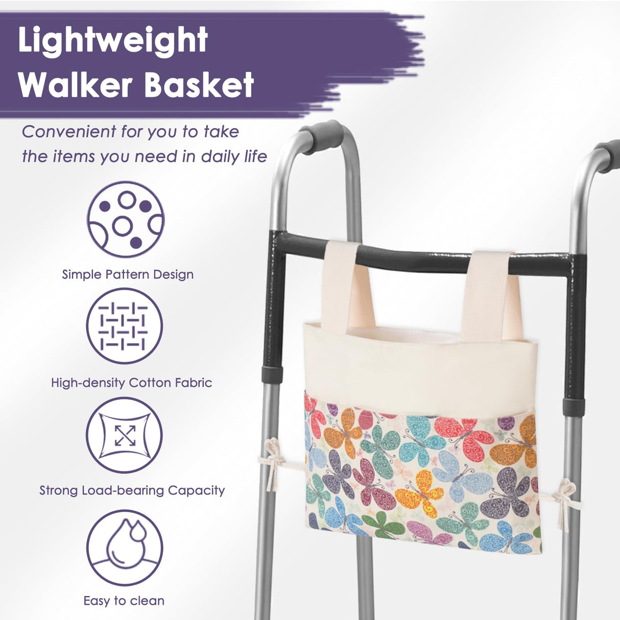 TOGETRUE Walker Bag, Handy Walker Basket with Water Cup Holder, Walker Accessories Storage Bag for Folding Walker, Wheelchairs, Strollers, 15"x11.5" (Butterfly)
