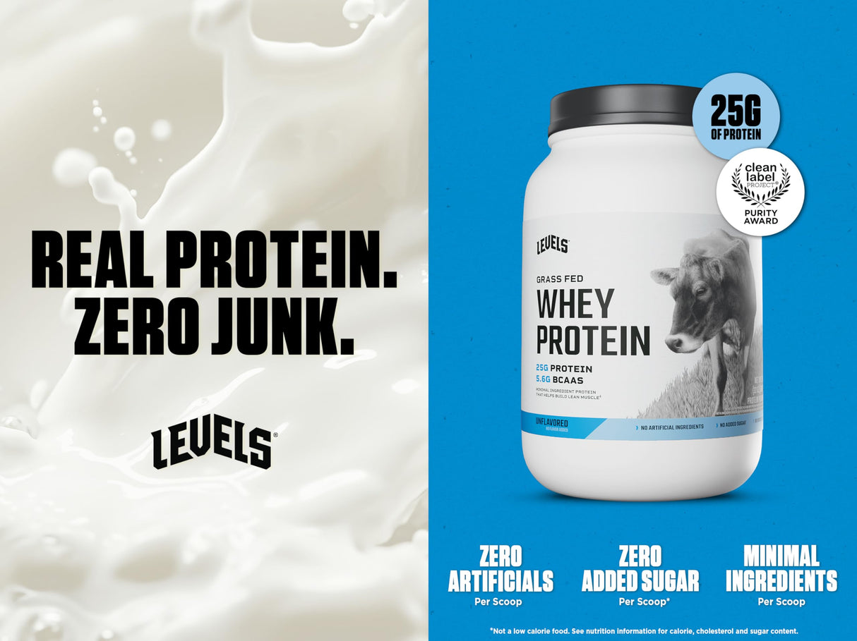 Levels Grass Fed Whey Protein Powder, No Artificials, 25G of Protein, Unflavored, 2LB