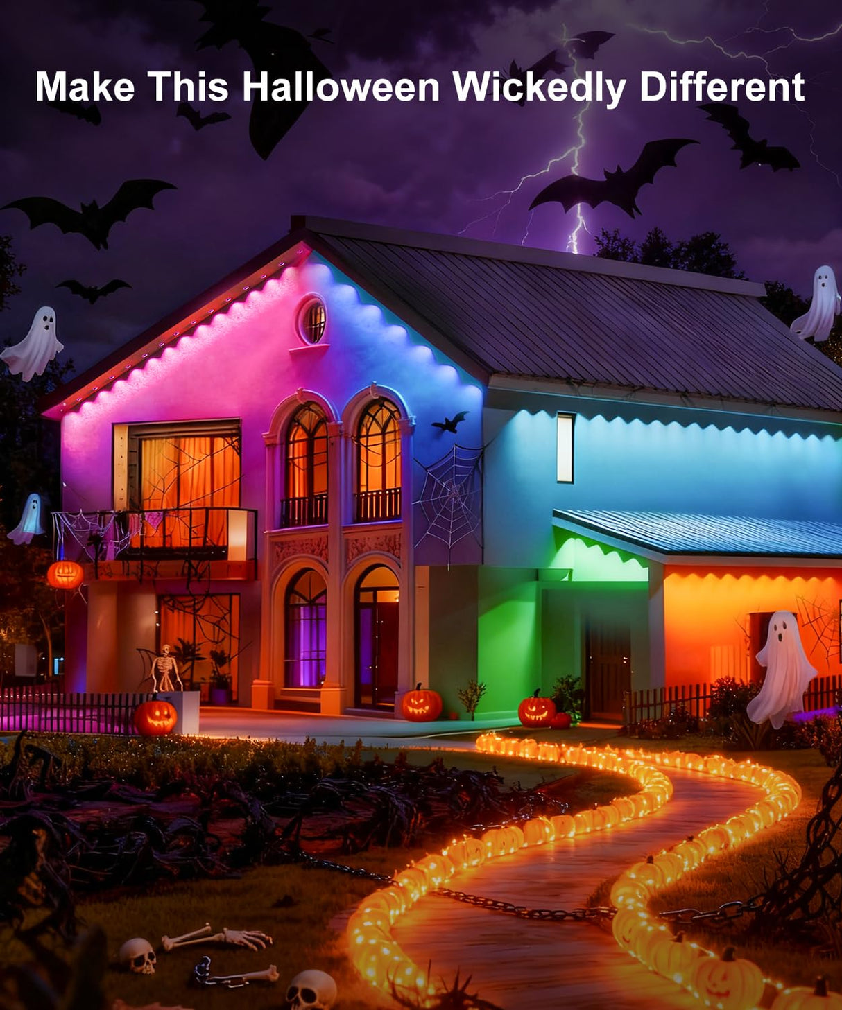 MuliVid 200Ft Permanent Outdoor Lights for House, RGB Halloween House Light Outdoor with Remote APP Control,IP67 Waterproof for Outside Decorations,Eaves Lights for Christmas, Holiday, Party, Daily