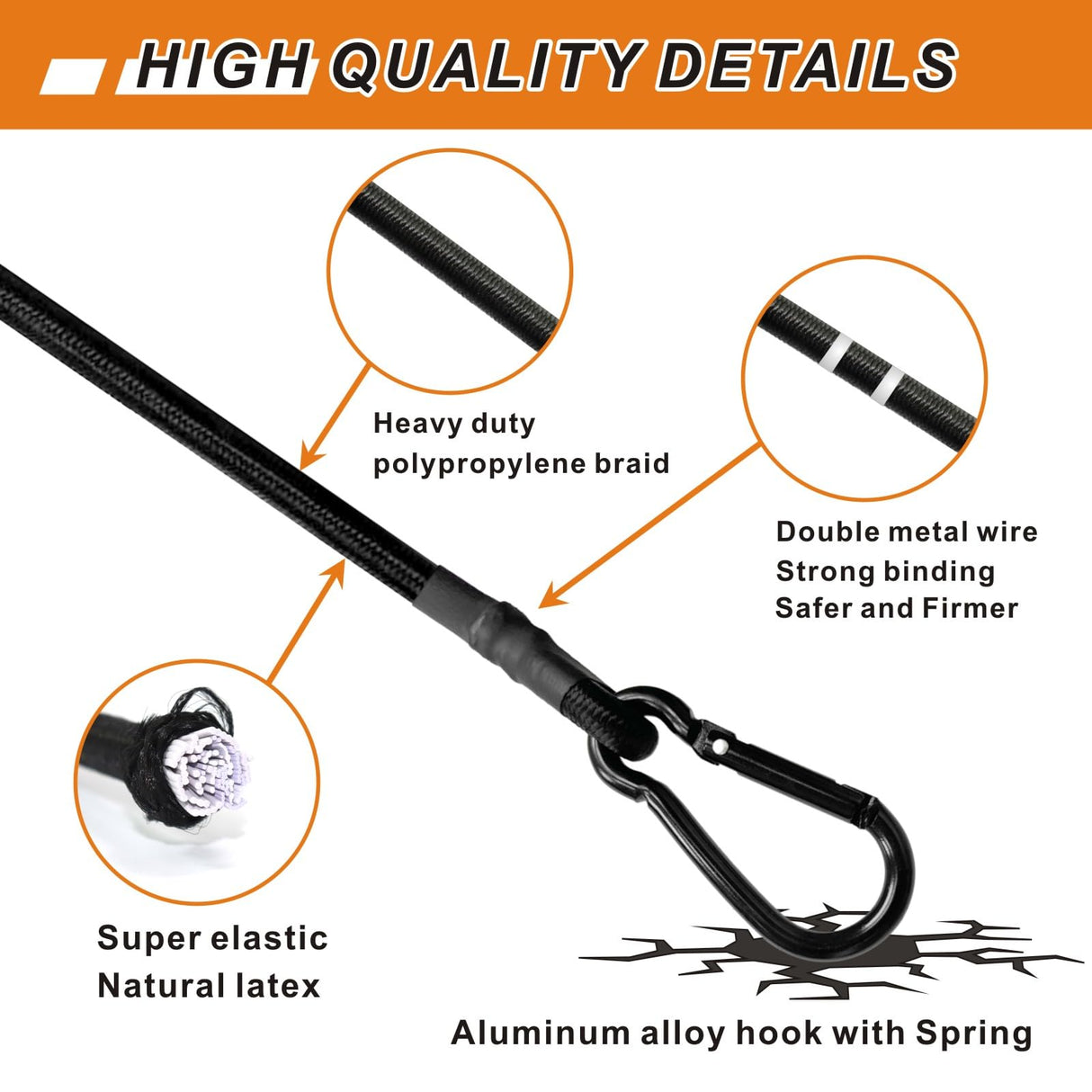 BEXSLE Bungee Cords with Carabiner Hooks Heavy Duty, Outdoor Black Bungee Straps, Strong Industrial Grade Elastic Bungee Rope for Securing Tarps, Luggage, Tents,Bikes, 12in + 24in + 48in,8pcs