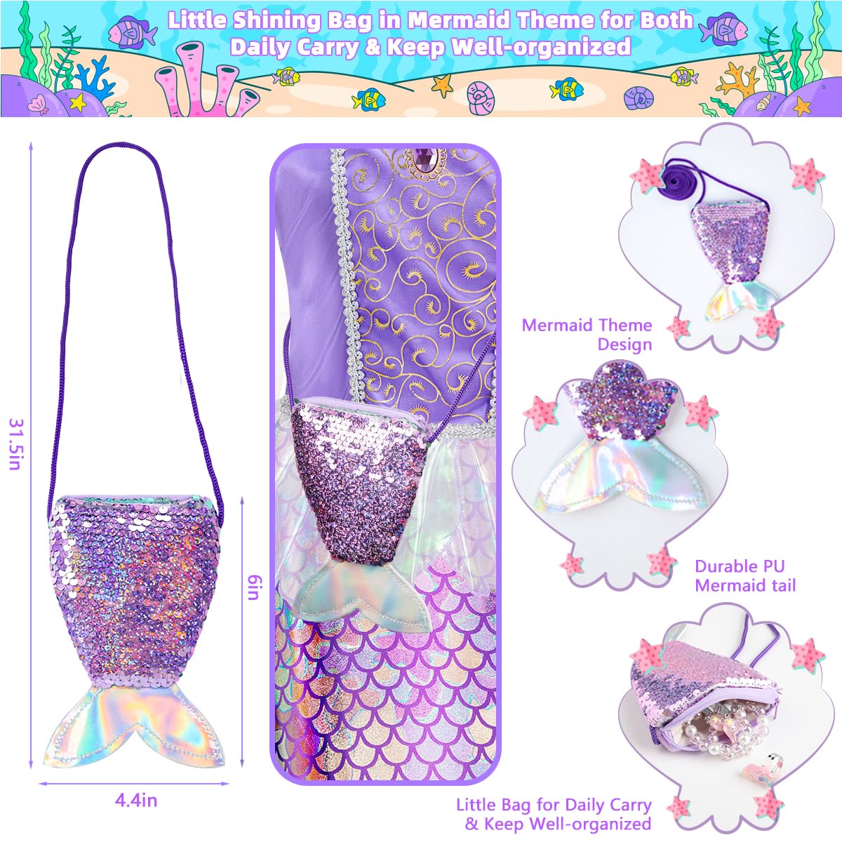 Meland Mermaid Dress for Girls, Princess Dress Up Costume Gift (3-4 Years)