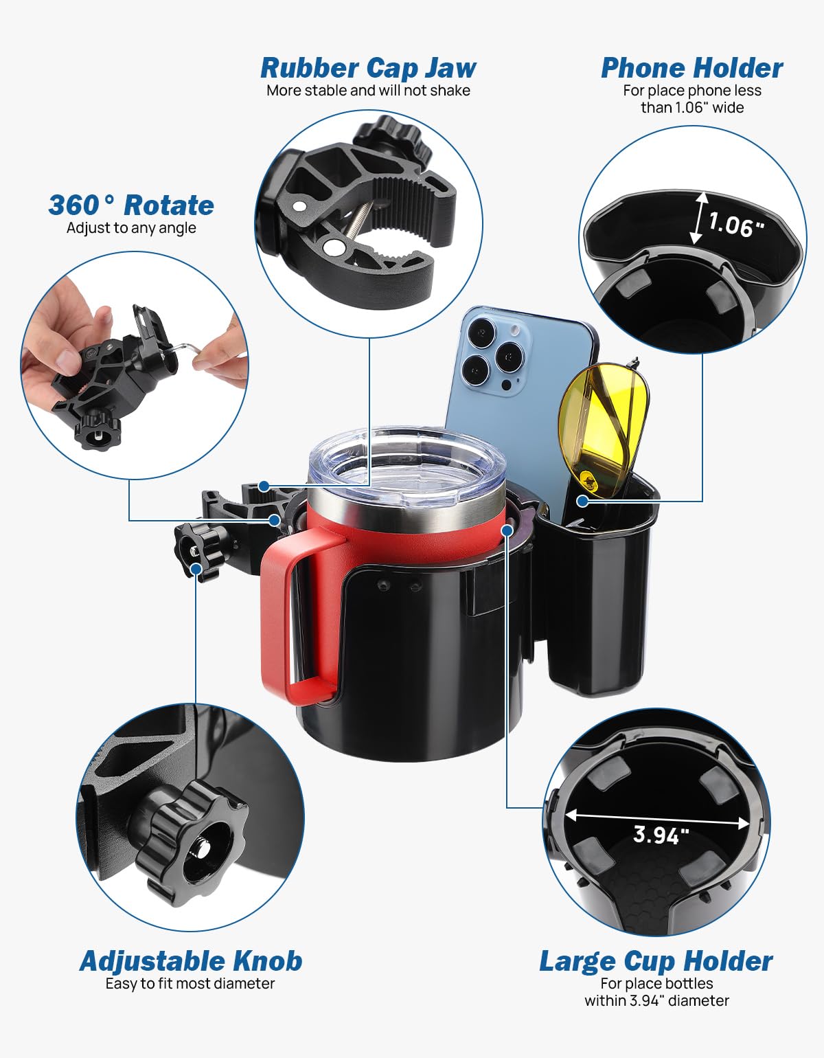 JOYTUTUS Wheelchair Cup Holder, 2-in-1 Walker Cup Holder with 4.72'' Small Storage Box, Drink Holder for Bottle with Handle, Fit for Wheelchair, Walker, Rollator, Stroller, Camper, Golf cart (Small)