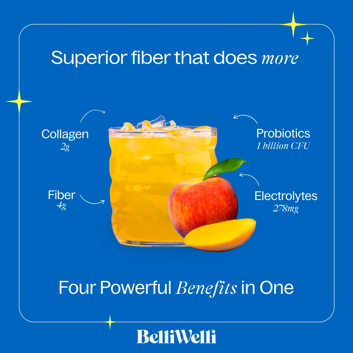 BelliWelli Fiber Supplement for Women & Men – Premium Daily Fiber Powder from Organic Acacia with Added Collagen, Electrolytes & Probiotics – No Bloat, Constipation & Gut Health Support (Peach Mango)