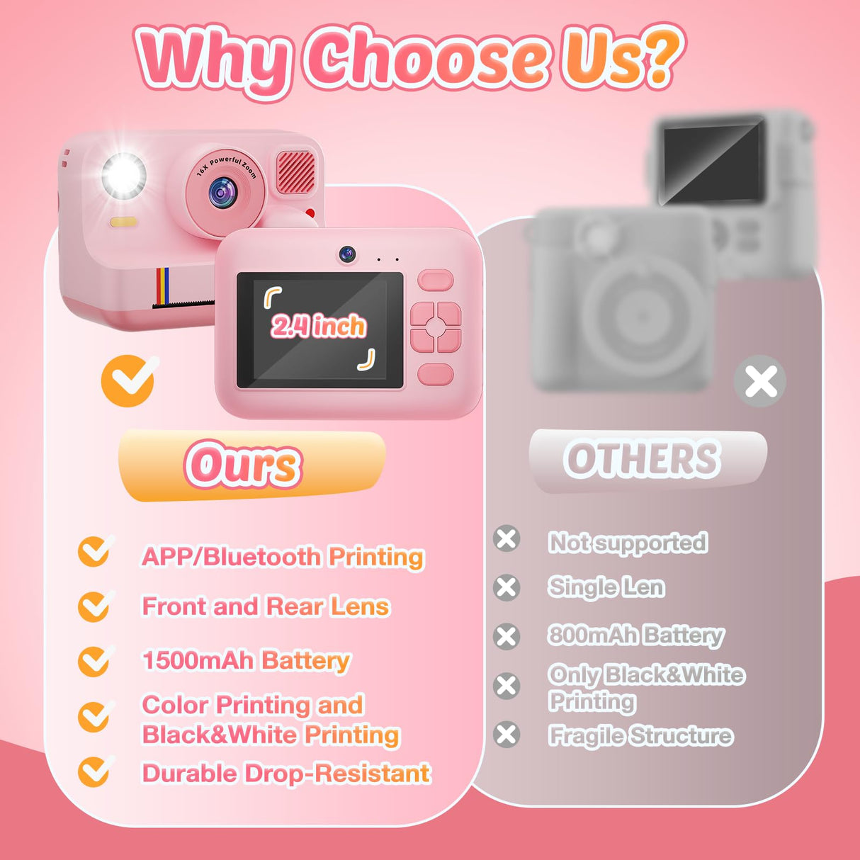 Instant Print Camera for Kids, App Printing, 1080P Video, Dual-Lens Selfie Digital Camera with 32G SD, Christmas Birthday Gifts for Girls Boys 4 5 6 7 8 9 10 11 12 Year Old, Portable Toddler Toy