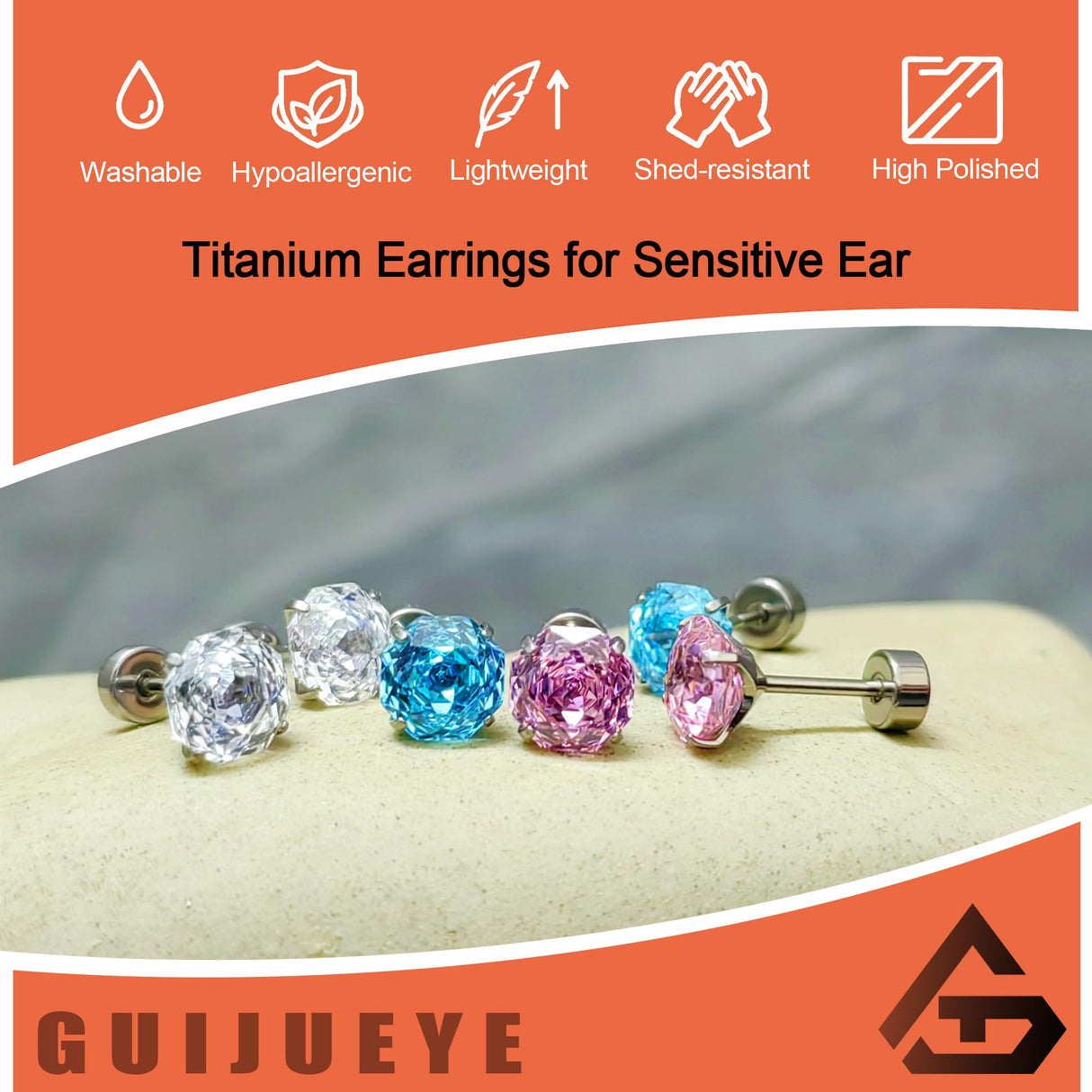 GUIJUEYE Implant Grade Titanium Rose Cut CZ Earrings for Sensitive Ears