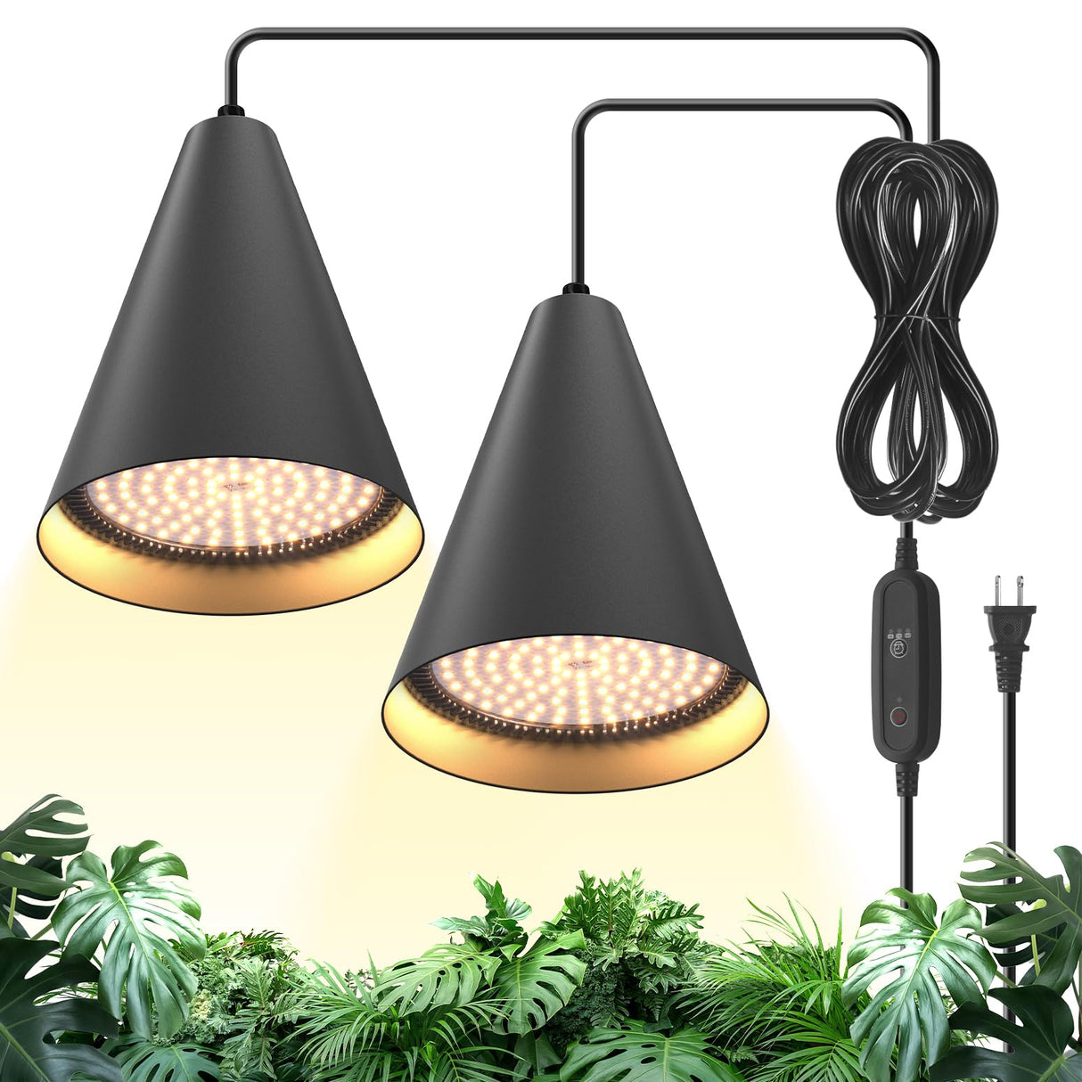Bstrip 50W Double-Head One Cord Grow Lights for Indoor Plants full Spectrum 3000K, Black LED Grow Light Bulb with Timer & 16.4FT Power Cord, Perfect for Tall Plants, Flowers, and Greenhouses in Winter