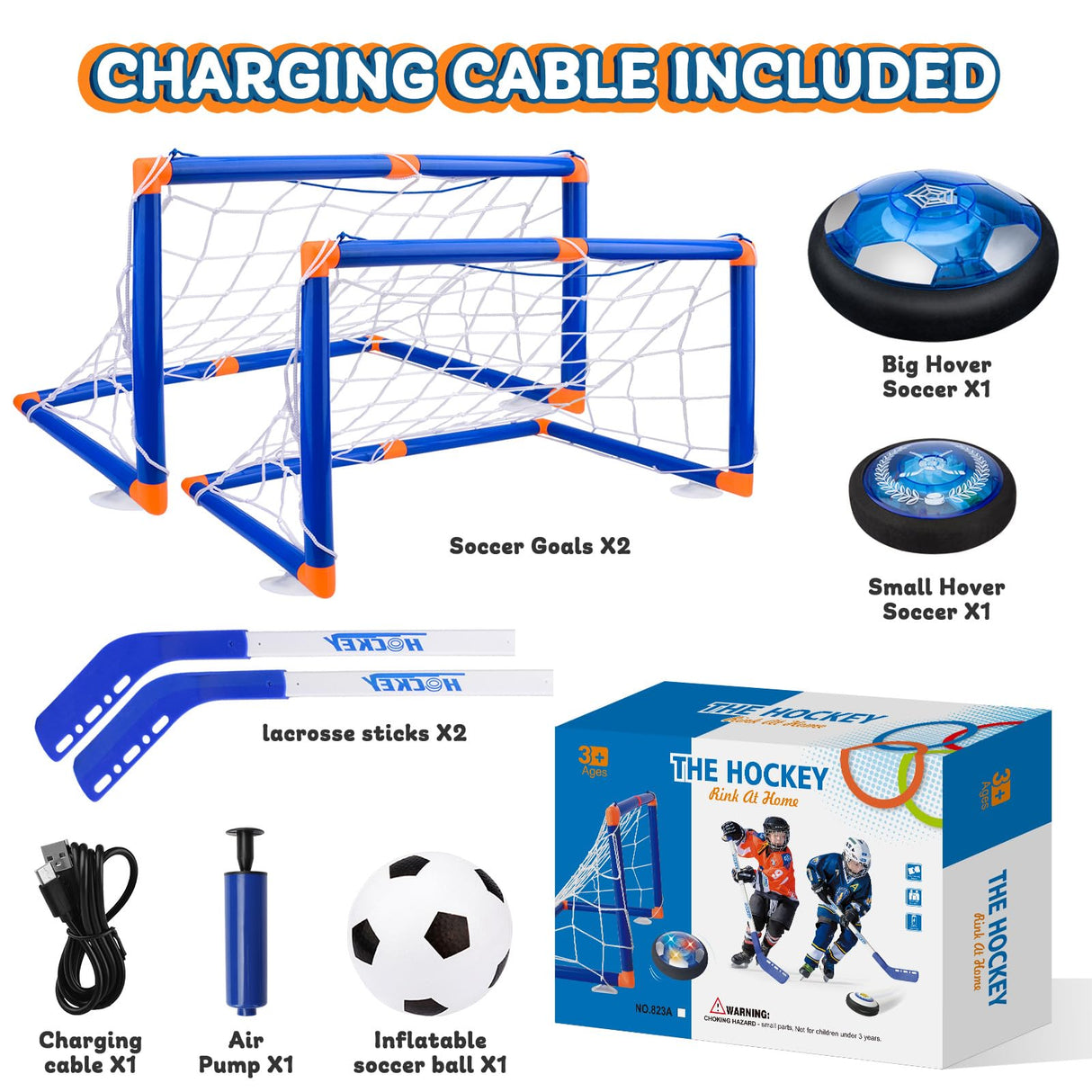 Nazano 3-in-1 Hover Soccer Ball, Kids Toddler Hockey Set with LED Lights,Indoor Outdoor Toys for Kids, Soccer Gift for Boys 6-8 8-12, Birthday,Kids, Boys Girls Age 6, 7, 8, 9, 10, 11, 12