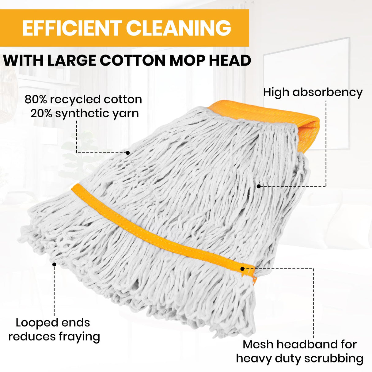 6PK Heavy Duty Commercial Mop Head Replacement- Loop End Cotton Blend String Refill for Side Loading & Clamp Style Mops, Restaurant , Janitorial & Industrial Cleaning(Yellow)